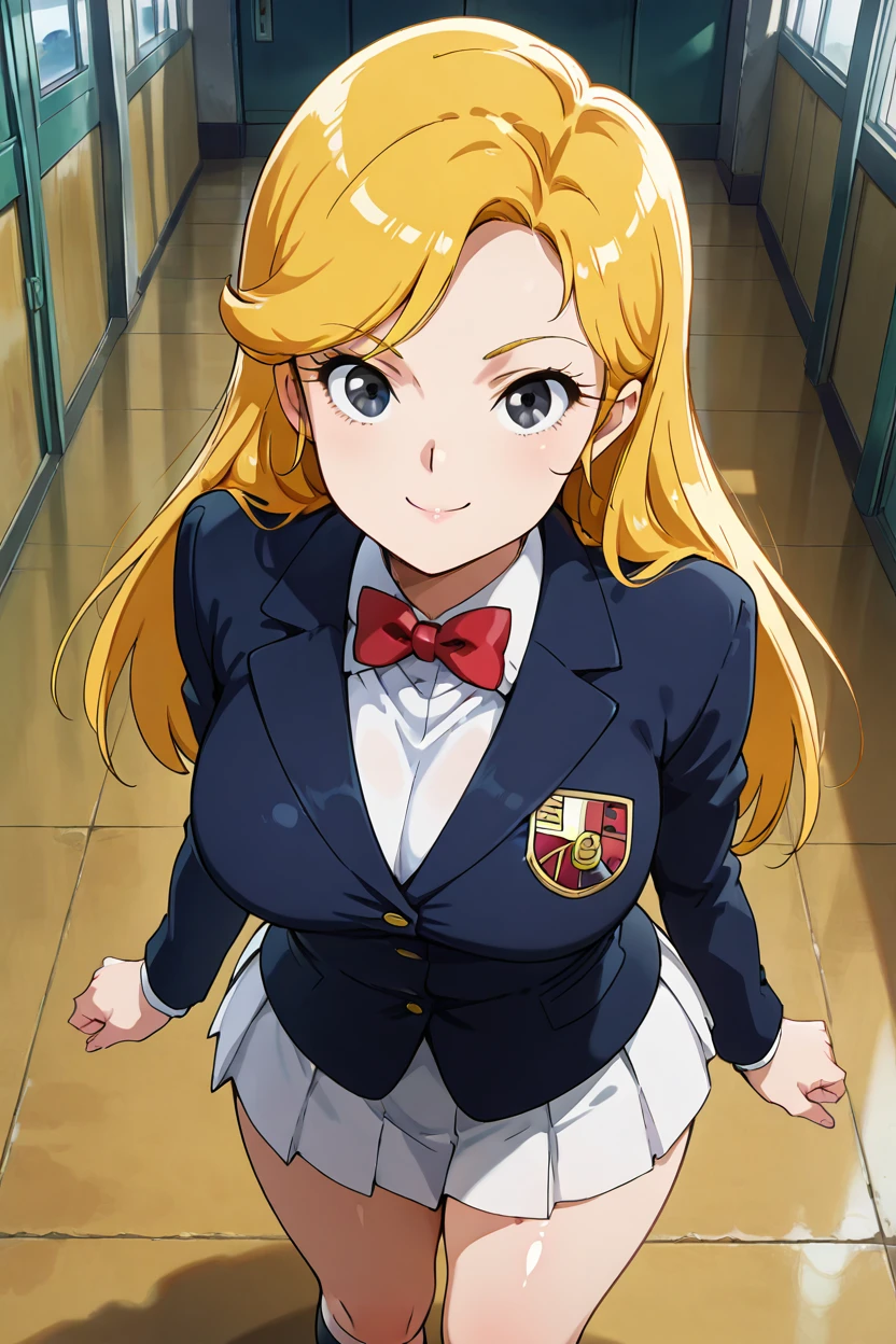 masterpiece, best quality, solo, curvy, beautiful eyes, zzMinerva, skirt, long sleeves, bow, school uniform, standing, jacket, pleated skirt, socks, bowtie, black eyes, blazer, <lora:MinervaTransformersIXL:1.0>, from above, dynamic pose, cowboy shot, smile, looking at viewer, shiny skin,