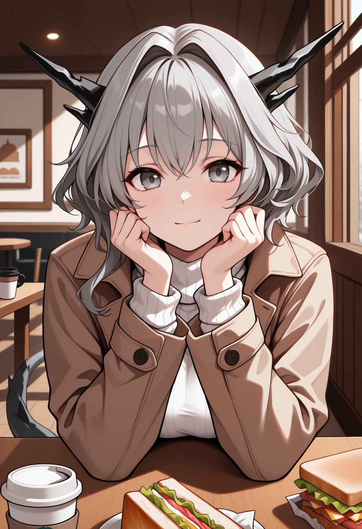 masterpiece, best quality, upper body, solo, 1girl, tlhdef, dragon tail, slight smile, looking at viewer, sitting, hands on table, short hair, grey hair, hair intakes, black horns, dragon horns, grey eyes, winter clothes, brown coat, open coat, long sleeves, white sweater, ribbed sweater, turtleneck sweater, indoors, table, cafe, disposable coffee cup, food wrapper, sandwich
<segment:yolo-Anzhc Face seg 640 v2 y8n.pt,0.4,0.5//cid=1>