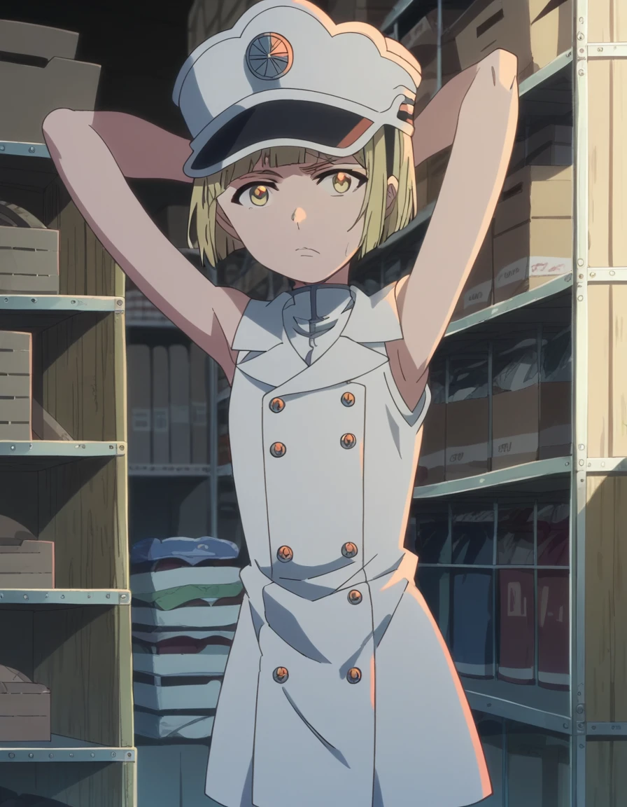score_9, score_8_up, score_7_up, source_anime, <lora:liltotto-lampered-tybw-ponyxl-lora-nochekaiser:1>, liltotto lampered, short hair, blonde hair, yellow eyes, anime screencap, thighhighs, hat, sleeveless, uniform,, warehouse, storage, shelves, boxes, large, , hands behind head,, looking at viewer, solo,, cowboy shot, solo