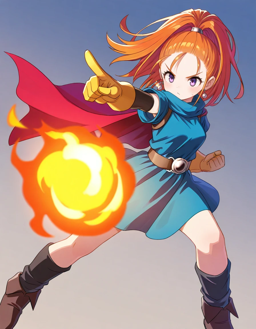 <lora:DQ6barbara_SDXL_Illustrious01_fp16_ver01:1>,DQ6barbara,1girl,purple eyes,earrings,orange hair,high ponytail,yellow gloves, blue dress, belt, red cape, short sleeves,black socks, brown footwear, pointing, fireball, v-shaped eyebrows, flame, masterpiece, best quality, very aesthetic, absurdres,<lora:detailed_hands:1>,hand