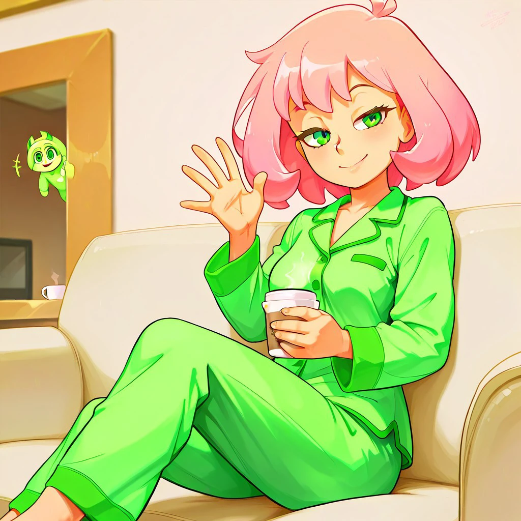 freebos_smoothiestyle, score_7_and_up, absurdres, highquality, source_anime, masterpiece, 4kres, good hands, good eyes, 1girl, comfy, short pink hair, green pajamas, green eyes, happy smile, drinking coffee, sitting on a sofa, looking at viewer, winking, waving