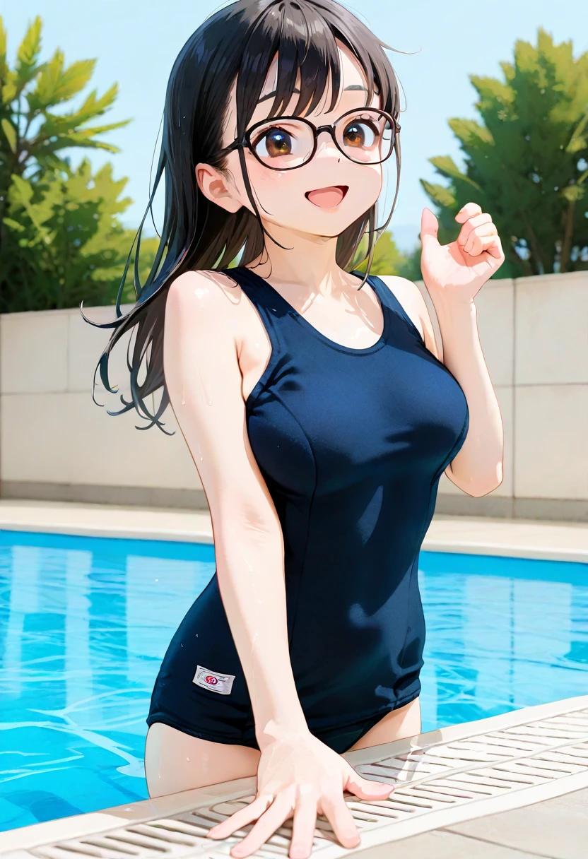 masterpiece,highest quality,wonderful,finely,High resolution,1 girl, big breasts,(school swimsuit:1.3), black hair, glasses, green eyes,twin tails,full body