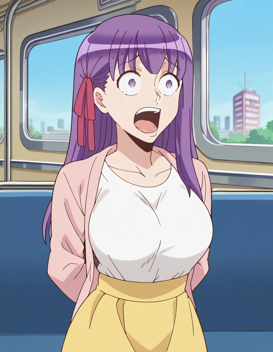 score_9, score_8_up, score_7_up, source_anime, <lora:sakura-matou-emiyachi-ponyxl-lora-nochekaiser:1>, sakura matou, long hair, ribbon, purple eyes, hair ribbon, purple hair, mature female, large breasts, anime screencap, white shirt, cardigan, pink cardigan, skirt, yellow skirt, long skirt, train station, waiting for train, suitcase, traveling, commute, city skyline, hands behind back, , <lora:enel-face-ponyxl-lora-nochekaiser:1> enel face, open mouth, wide-eyed, teeth, tongue,, looking at viewer, solo,, cowboy shot, solo