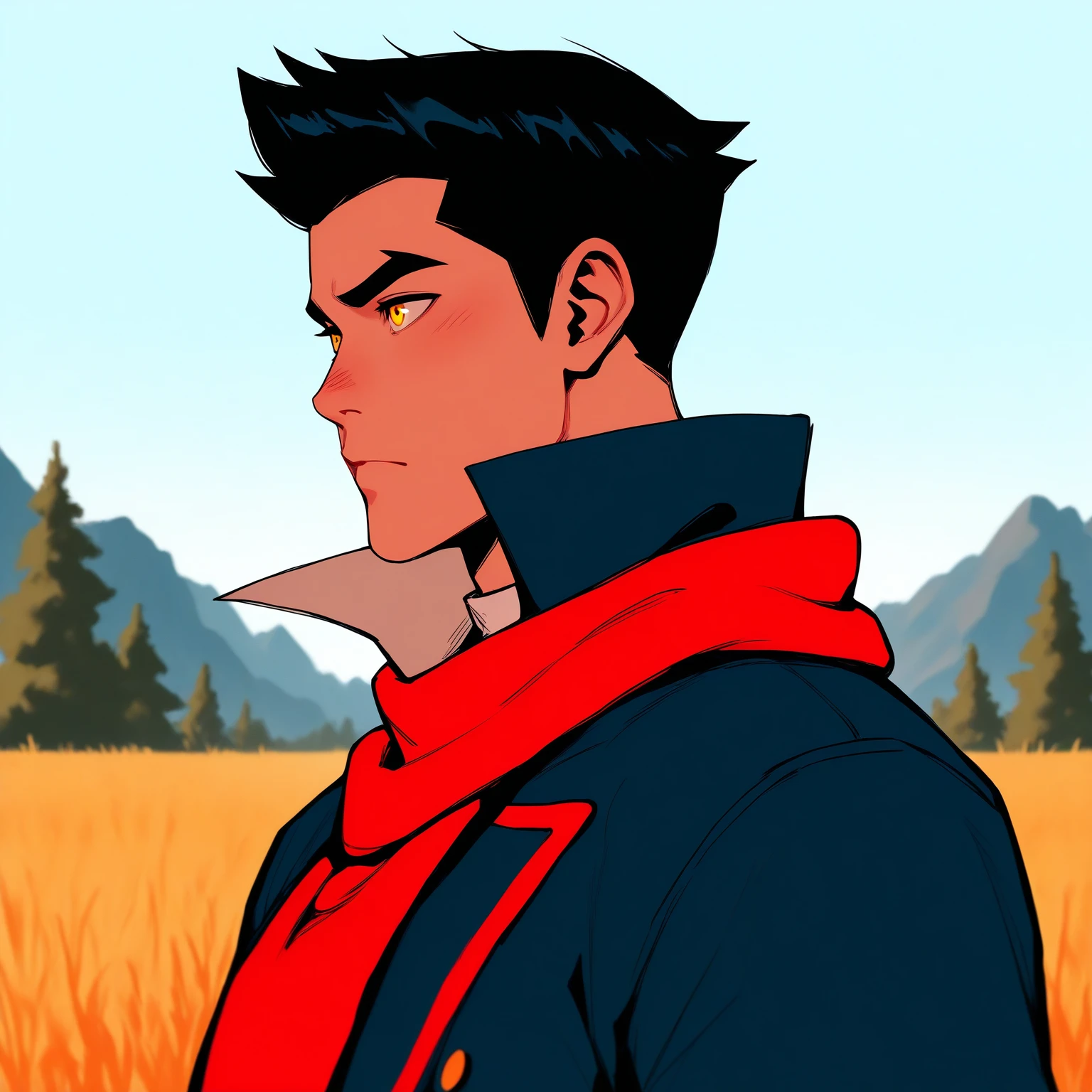 masterpiece, best quality, newest, absurdres, highres,
man, solo, mako, black hair, short hair, yellow eyes, scarf, upper body, outdoors, front view, side view, 