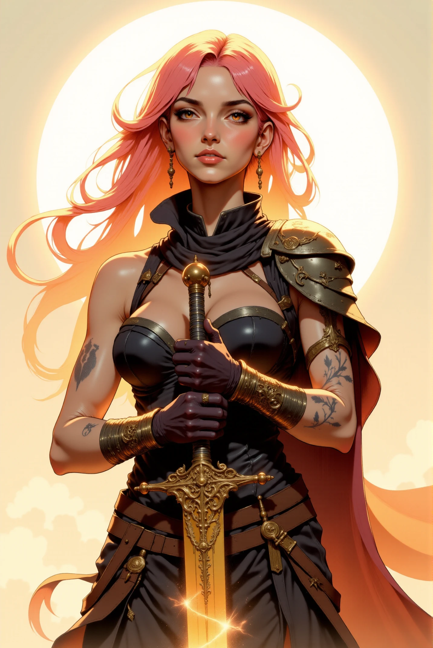 <lora:FANCHA_v.4:0.99> Fancha style. A confident female warrior stands bathed in soft, golden light, her long, flowing hair blending seamlessly into hues of warm pink and fiery orange, as though kissed by the setting sun. Her attire is a harmonious mix of intricate armor and natural embellishmentsâdelicate, leaf-like motifs wrap around her arms and shoulders, interwoven with glowing, vine-like patterns that pulse faintly with energy. Her weapon, an ornate sword with filigree detailing, appears to channel an otherworldly energy, with its blade radiating faint sparks of light. Tattoos etched across her skin tell the story of her celestial origins, and her piercing gaze conveys both strength and compassion. The background is a glowing white void, creating a dreamlike aura that enhances her ethereal presence.