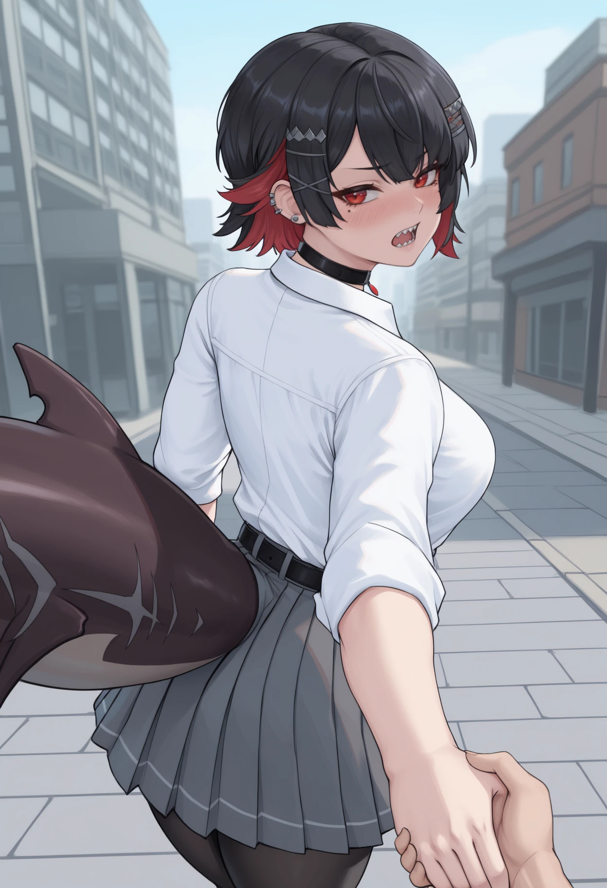 masterpiece, best quality, pov, solo focus, 1girl, ell3nj0e, mole under eye, shark tail, fins, ear piercing, blush, sharp teeth, open mouth, looking back, holding hands, short hair, colored inner hair, black hair, red hair, x hair ornament, red eyes, white shirt, collared shirt, grey skirt, pleated skirt, black belt, black pantyhose, black choker, pendant choker, outdoors, day, sidewalk, building, city
<segment:yolo-Anzhc Face seg 640 v2 y8n.pt,0.4,0.5//cid=1>