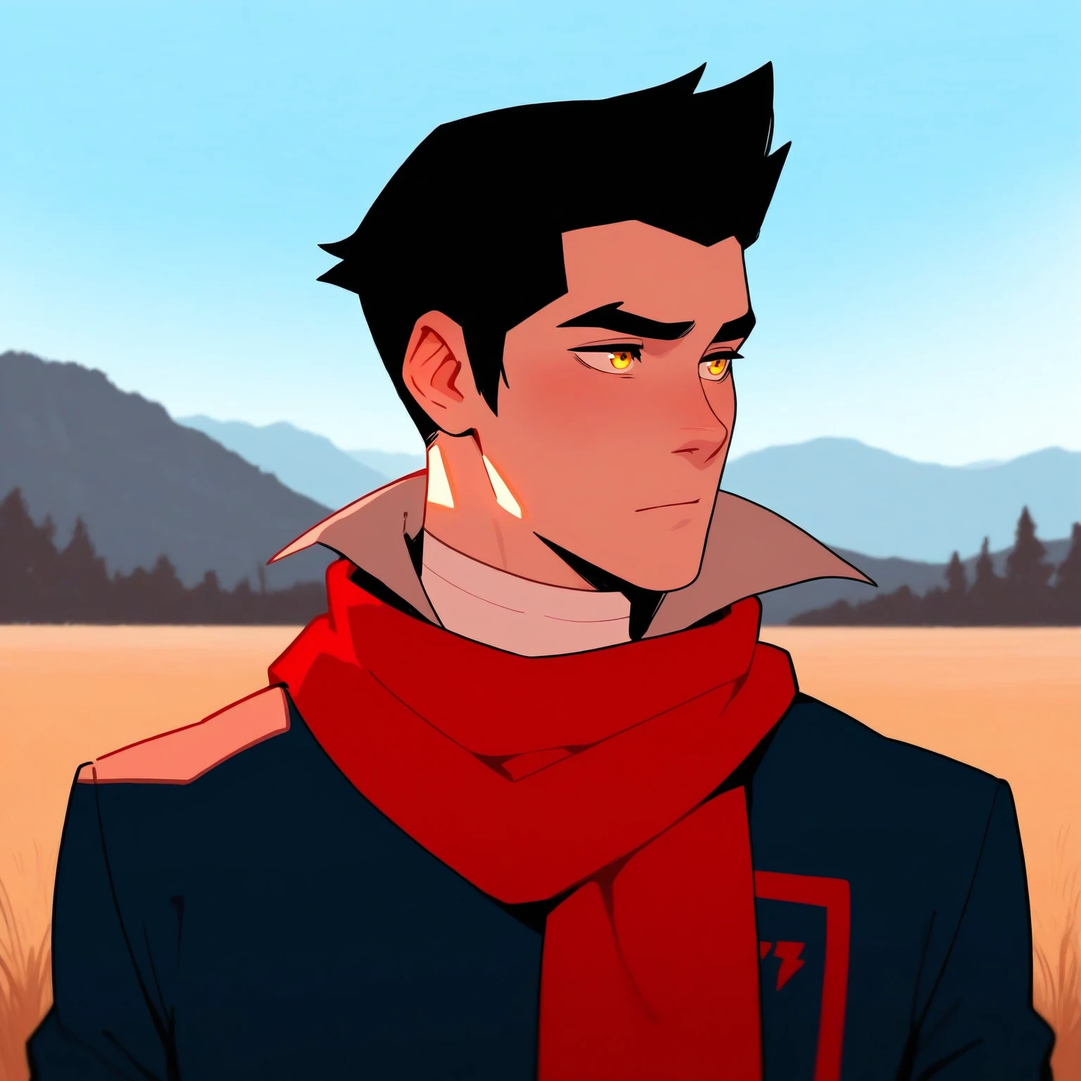 masterpiece, best quality, newest, absurdres, highres,
man, solo, mako, black hair, short hair, yellow eyes, scarf, upper body, outdoors,