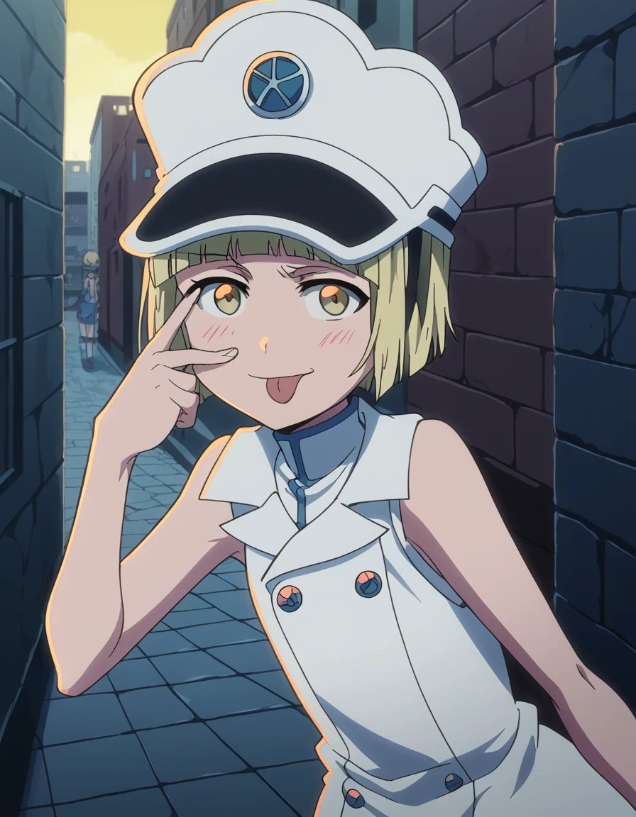 score_9, score_8_up, score_7_up, source_anime, <lora:liltotto-lampered-tybw-ponyxl-lora-nochekaiser:1>, liltotto lampered, short hair, blonde hair, yellow eyes, anime screencap, thighhighs, hat, sleeveless, uniform,, alley, narrow, urban, dark, buildings, smile, <lora:akanbe-ponyxl-lora-nochekaiser:1>, akanbe, eyelid pull, finger to eye, tongue out, :p, tongue, ;p, blush, leaning forward, bent over, from side,, looking at viewer, solo,, cowboy shot, solo