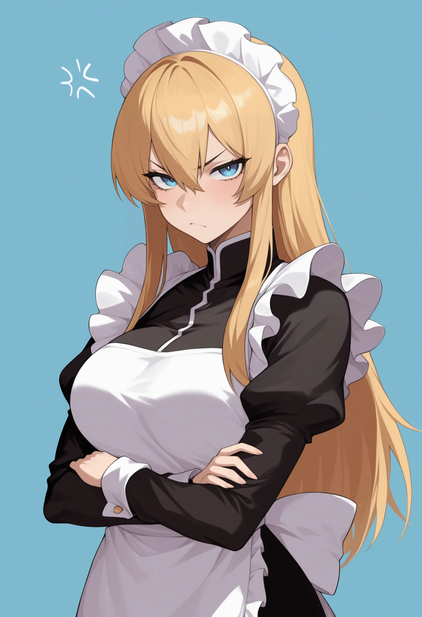 masterpiece, best quality, 1girl, annoyed, solo, looking at viewer, <lora:Goeniko-illus_Fp-000009:1>, g0eniko, blonde hair, blue eyes, long hair, maid headdress, maid apron,