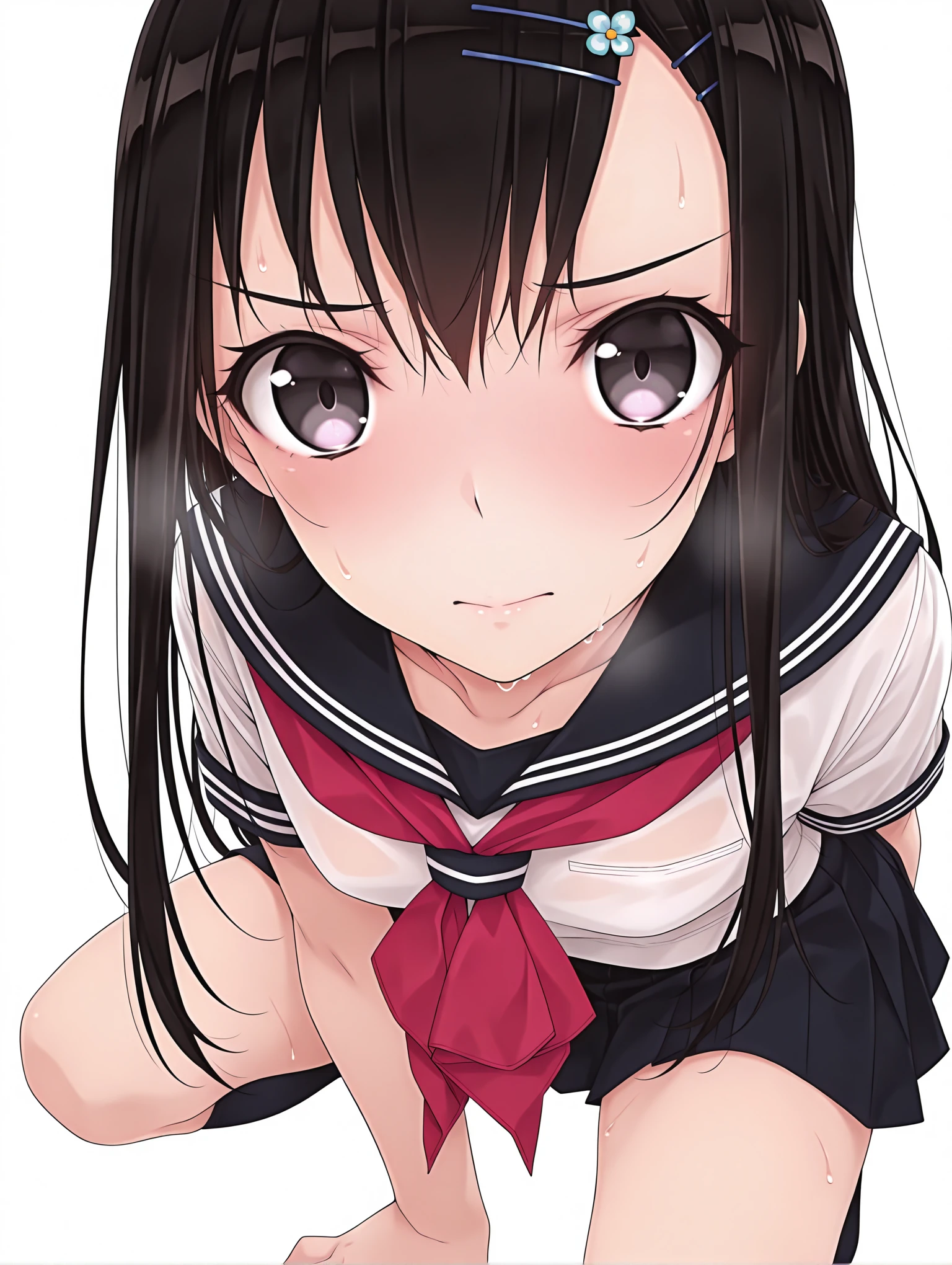 masterpiece,best quality,amazing quality,1girl,solo,
<lora:ikuta_risa_ilxl_v1>,risa,black eyes,r_clothes,
<lora:Fixhands_anime_bdsqlsz_V1:1>,white_background,simple_background,looking_at_viewer,squatting,looking_up,from_above,