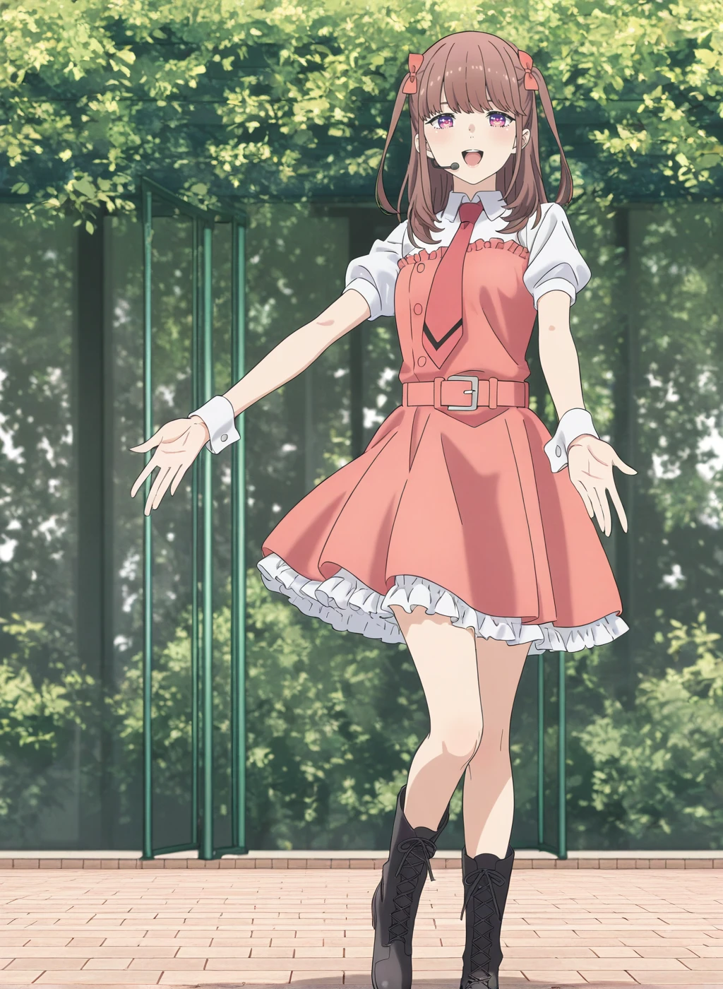High quality,Ultra detailed,best quality,insanely detailed,beautiful,masterpiece,absurdres,very aesthetic,sensitive BREAK
1girl,solo,<lora:ichii_maina_V1_IL:1>,(ichii_maina, purple eyes, brown hair, long hair, bangs, two side up, hair bow, small breasts),(idol,white shirt,red necktie,puffy short sleeves,collared shirt,belt,dress,boots,frills,pink dress,wrist cuffs,black footwear),oshi ga budoukan itte kuretara shinu,looking_at_viewer,posing,smile,singing,dancing,outdoors,stage,day,in summer,headset,