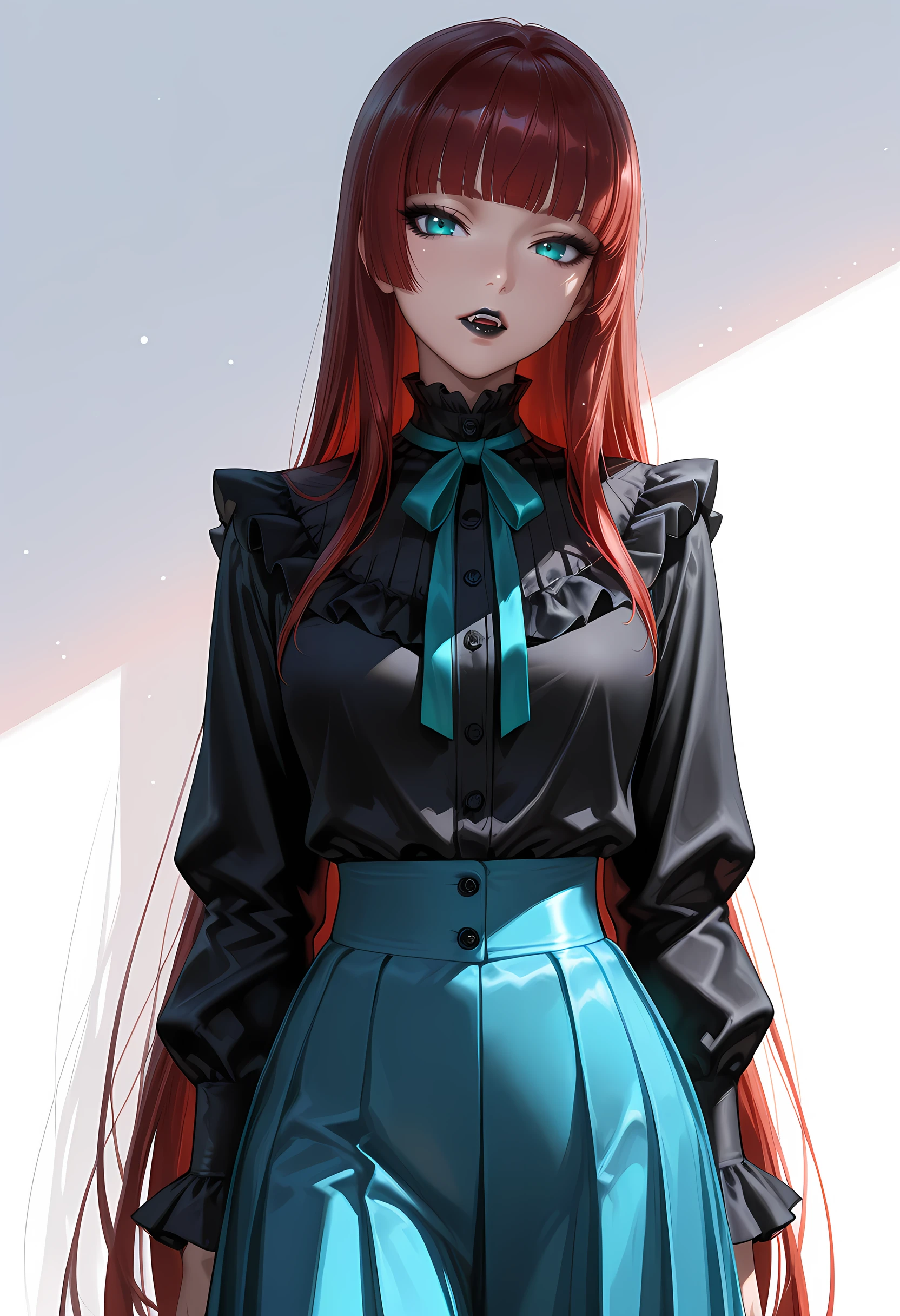 Smooth Quality - Illustrious, Masterpiece, source_anime, cowboy shot, woman, pretty, beautiful, slim, curvy, dark_red hair, very long hair, hime cut, very straight hair, blunt bangs, teal eyes, black eyeliner, lips, black lipstick, bored expression, vampire, fangs, two fangs, frilly black shirt, blue skirt, (white background), vivid colors, shiny and glossy, anime style, high-res, beautiful aesthetic, very intricate, high-quality details, vibrant, highly detailed, award-winning, professional,