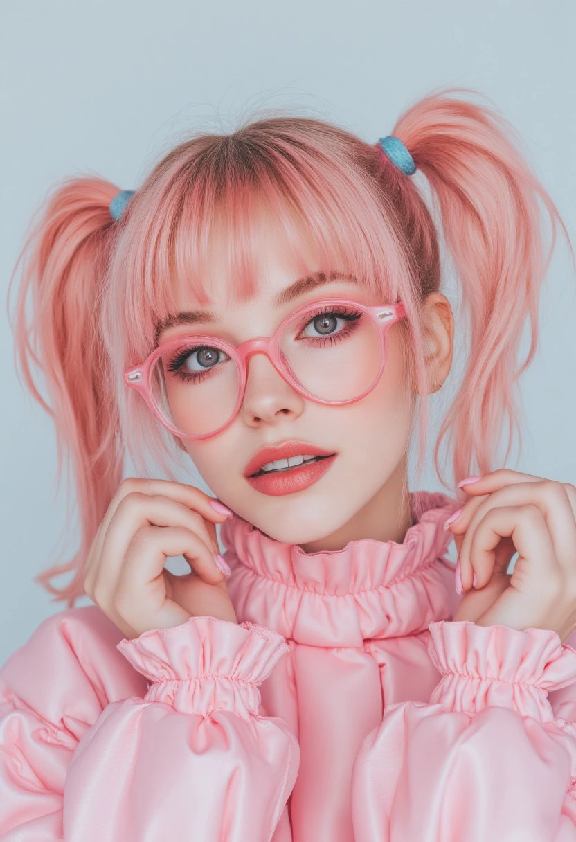 (masterpiece, Highest quality, Highest quality, Watercolor (meanwhile), Official Art, beautifully、aesthetic, (1.2), (1 Girl: 1.3), (Fractal Art: 1.3), whole body, Star-shaped pupil, chest, valley, pattern, ((Rainbow Hair, colorful hair, Half Blue、Half pink hair: 1.2)), (school uniform), colorful, Glasses, write, Heterochromia iridis, (colorful: 1.5), ((Rainbow Sky)), sun, (Embarrassed face), Adult, Sticking out tongue, Ahegao, Drooling