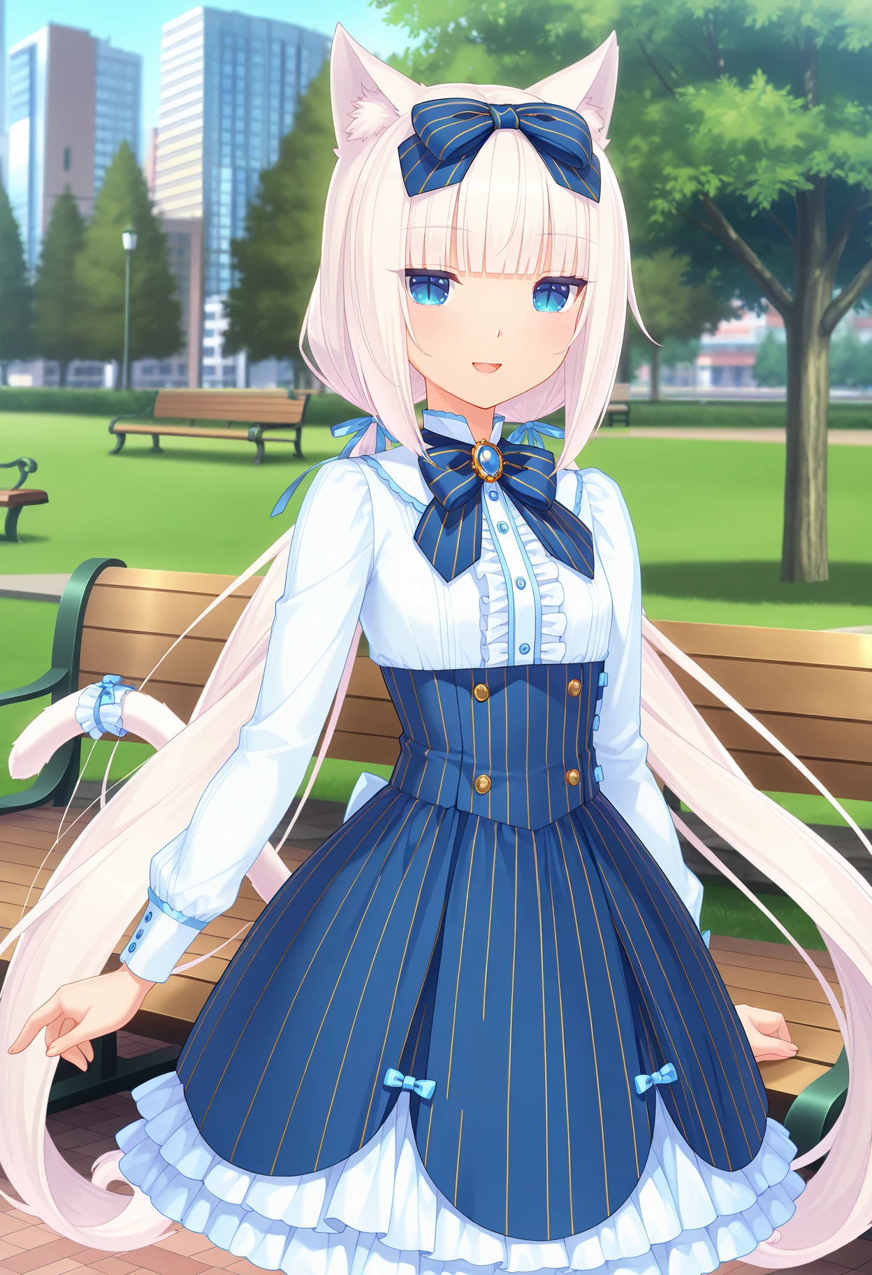 anime screencap, masterpiece, best quality,
<lora:Nekopara_Vanilla_IlluXL:0.9>,
1girl, solo, open mouth, smile,
low twintails, white hair, blunt bangs, blue eyes, slit pupils, animal ears, cat tail, white tail,
VanillaCasual, hair bow, striped bow, blue bow, blue bowtie, hair ribbon, blue ribbon, brooch,
white shirt, center frills, long sleeves, high-waist skirt, pinstripe skirt, buttons, layered skirt, blue skirt, white skirt,
tail ornament,
standing, looking at viewer, cowboy shot,
outdoors, park, building, city, grass, bench, blurry background