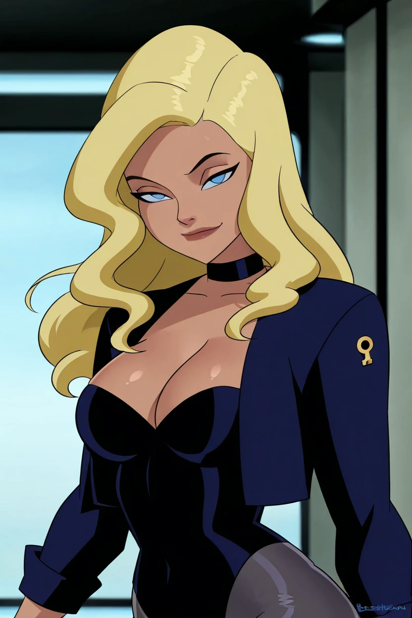 masterpiece, best quality, solo, curvy, beautiful eyes, BlkCanary, blue eyes, blonde hair, long hair, cleavage, open jacket, pantyhose, black choker, leotard, ,<lora:BlackCanaryJLUIXL:1.0>, upper body, side view, smile, looking at viewer, shiny skin,