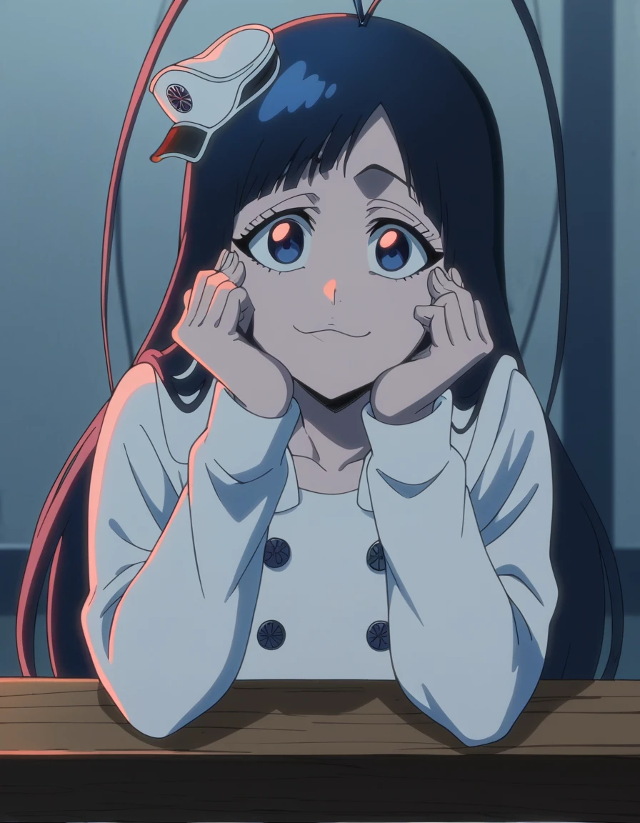 score_9, score_8_up, score_7_up, source_anime, <lora:giselle-gewelle-tybw-ponyxl-lora-nochekaiser:1>, giselle gewelle, long hair, bangs, black hair, blue eyes, antenna hair, otoko no ko, anime screencap, long sleeves, dress, white dress, buttons, black pantyhose,, workshop, tools, workbench, projects, machinery, smile, head rest, smile,, looking at viewer, solo,, cowboy shot, solo