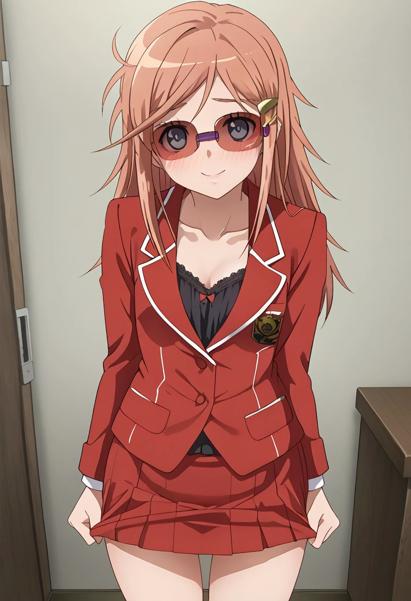 score_9, score_7_up,1girl, blush, breasts,(red suit, lacy black camisole, pencil skirt, skirt, red skirt, blazer, cleavage, jacket, standing, orange hair, blue eyes, long hair, 1girl, solo, hair ornament, hairclip, flat chest, sunglasses), looking at viewer, smile, solo, highres, zPDXL3, detailed face, head tilt, tilted head, short, short girl, shy, embarrassed, pulling on skirt