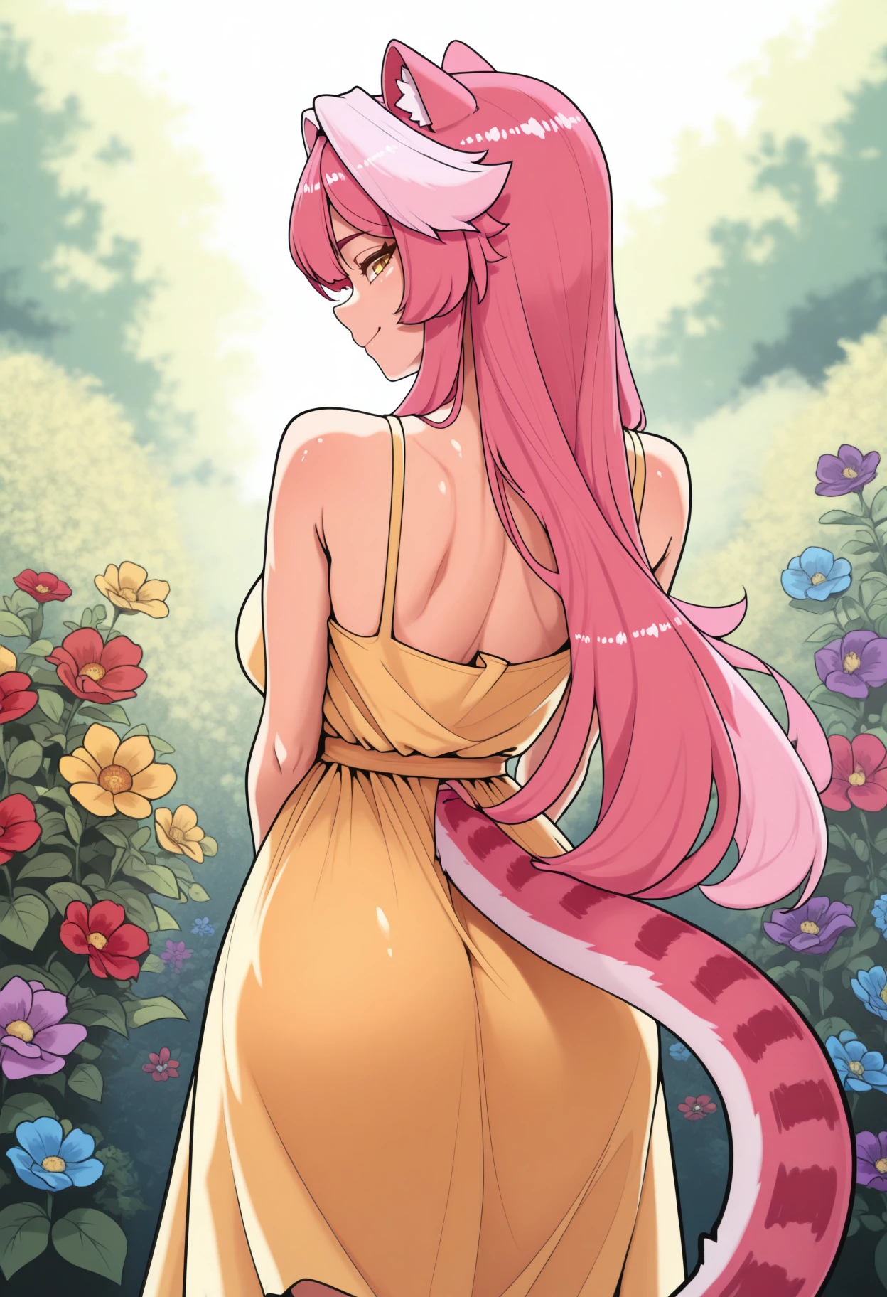 masterpiece, best quality, 1girl, solo, Ra0ra, yellow eyes, cat ears, pink hair, single white streak, long hair, cat tail, from behind, outdoors, looking back, smile, yellow sundress, garden, flower, red flower, blue flower, yellow flower, purple flower, <lora:ChamRaoraPantheraIllustriousXLV2:1>