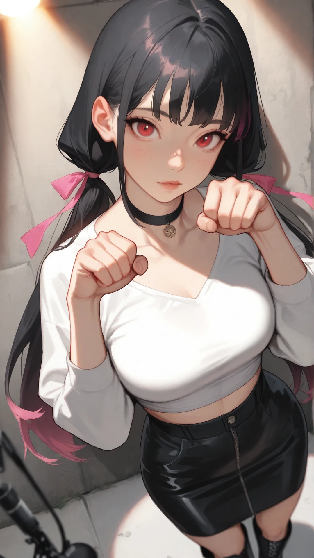 2d, masterpiece,best quality,amazing quality,very aesthetic,absurdres,newest,detailed eyes, A professional,high-quality, portrait of a woman.
upper body view,
1girl,milf, long straight hair, black_haired_woman, multicolored hair, pink hairtips, two sideparted low ponytails, red eyes, kpopstar, uwu posing, black choker, crop top, bare midriff, highwaist mini skirt, platform boots, spotlight, microphone, looking at viewer, cheeky bangs.
depth of field,focused subject,dynamic angle,dutch view,dynamic motion, cheeky, casual, wall, outdoor. anicomeij art style overlay, anicomeij character design overlay <lora:anicomeij-IL01:1>