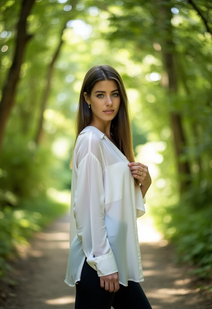 The image is a high-resolution photograph featuring a young woman standing on a narrow, sunlit pathway bordered by dense greenery. The woman, with long, straight brown hair cascading over her shoulders, is positioned slightly off-center to the left. She gazes directly at the camera with a serene expression, her right hand gently touching her collarbone. She wears a loose-fitting, long-sleeved white blouse with a subtle sheen, buttoned at the top, and dark, form-fitting leggings that accentuate her slim figure. The blouse is made of a lightweight fabric that drapes softly against her body, while the leggings appear to be made of a stretchy material.
The background showcases a lush, verdant forest with tall, leafy trees arching overhead, casting dappled sunlight on the pathway. The sunlight filters through the foliage, creating a natural spotlight effect that enhances the textures of the forest floor and the woman's attire. The overall mood of the photograph is tranquil and serene, capturing a moment of quiet contemplation in a natural, picturesque setting. The image is well-composed with a shallow depth of field, drawing attention to the subject while blurring the background slightly, emphasizing her central position. B4RB0R4S