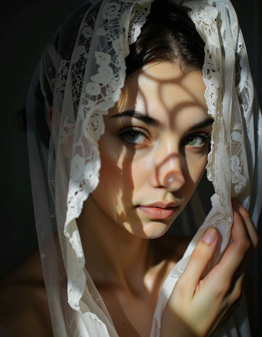 The image is a photograph of a young woman with striking features, captured in a moody, intimate setting. The photograph focuses on her face, which is partially obscured by a sheer, delicate curtain or veil that casts intricate, shadowy patterns across her skin. The veil is a soft, almost translucent white fabric with subtle lace-like details. 
Her skin has a warm, slightly golden undertone, and she has expressive, almond-shaped green eyes that are partially visible through the veil. Her eyebrows are well-groomed, and she has a subtle, natural makeup look with a touch of mascara enhancing her lashes. <lora:Synesthesia:0.45>