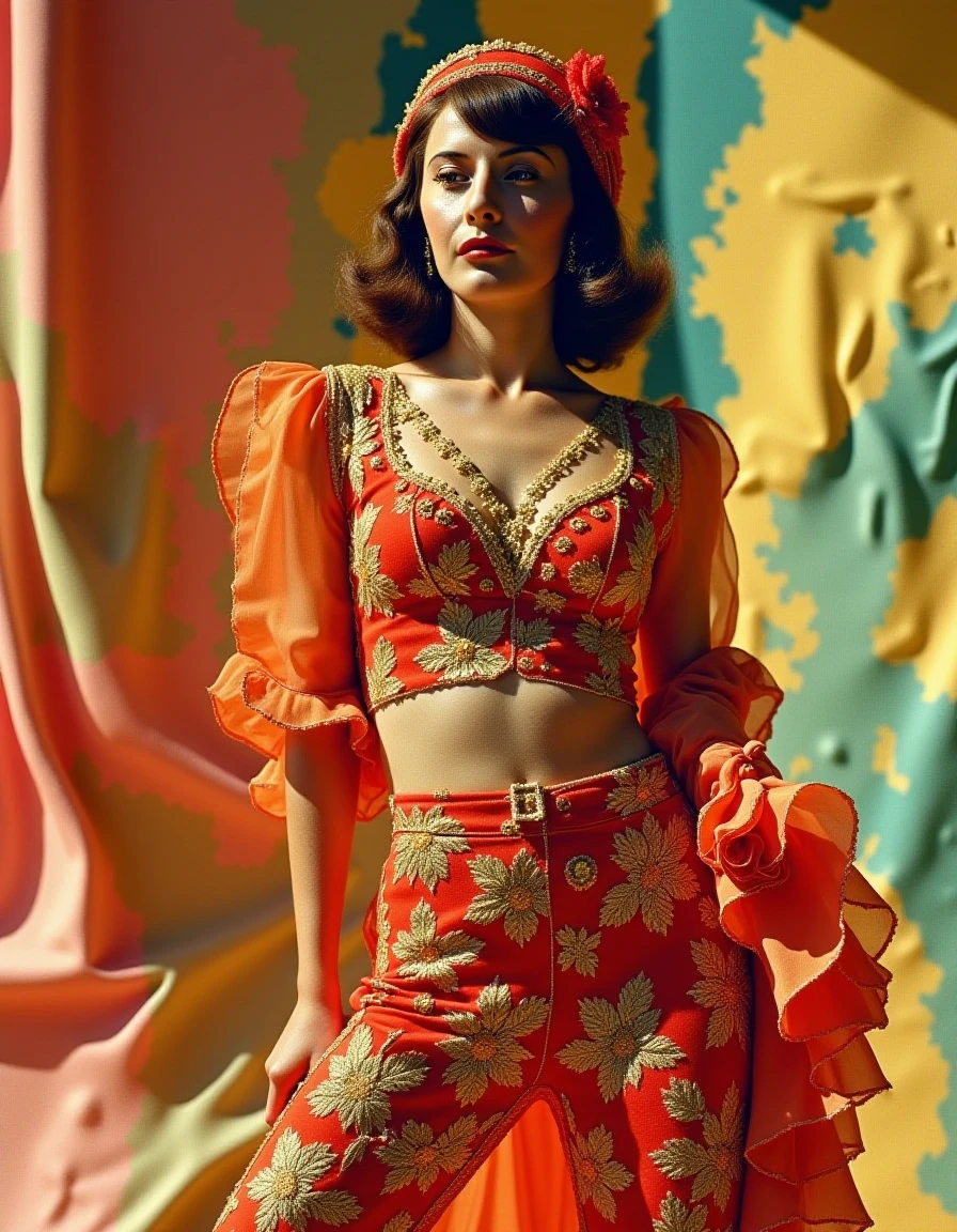 standing <lora:FLUX.1-DEV_-_Wild_1960s_Fashions_LoRA:1> 1960s, fashion shoot, extravagant, colorful outfit, beautiful model <lora:barbara-stanwyck-flux:1.2>