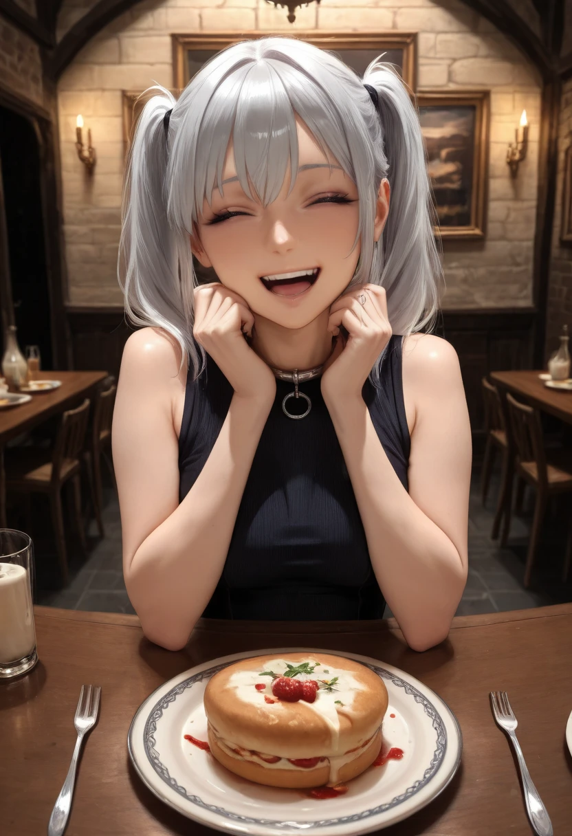 masterpiece, best quality, good quality, newest, very aesthetic, absurdres, (front view:1.2), 1girl, cute face, laughing, grey twintails, medium breasts, etern1ty, (wearing silver c0llar-with-r1ng:1.2), sitting at table, eating, POV, cowboy shot, midnight, dungeon, volumetric lighting, photo background, realistic background, restaurant, candles, cutlery, darkness, cinematic darkness, low light