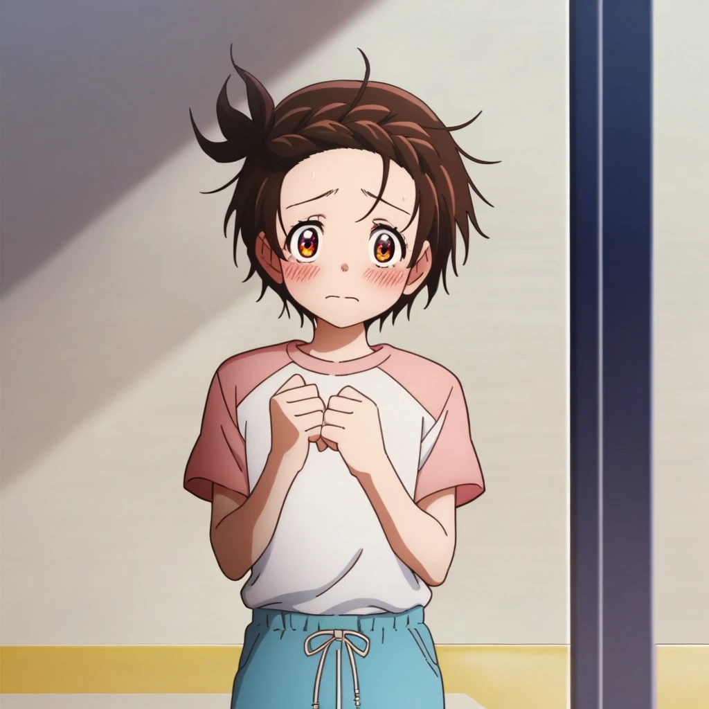 score_9, score_8_up, score_7_up, source_cartoon, prefect lighting, very aesthetic, intricate details, highly detailed background, high quality, perfect hands, best quality, 1girl, solo, yuitsuka inori, medalist, brown hair, one side up, braided bangs, brown eyes, two tone shirt, white shirt, pink sleeves, short sleeves, blue shorts, black pantythose, standing, nervous, reception, blush, looking at veiwer, shy,