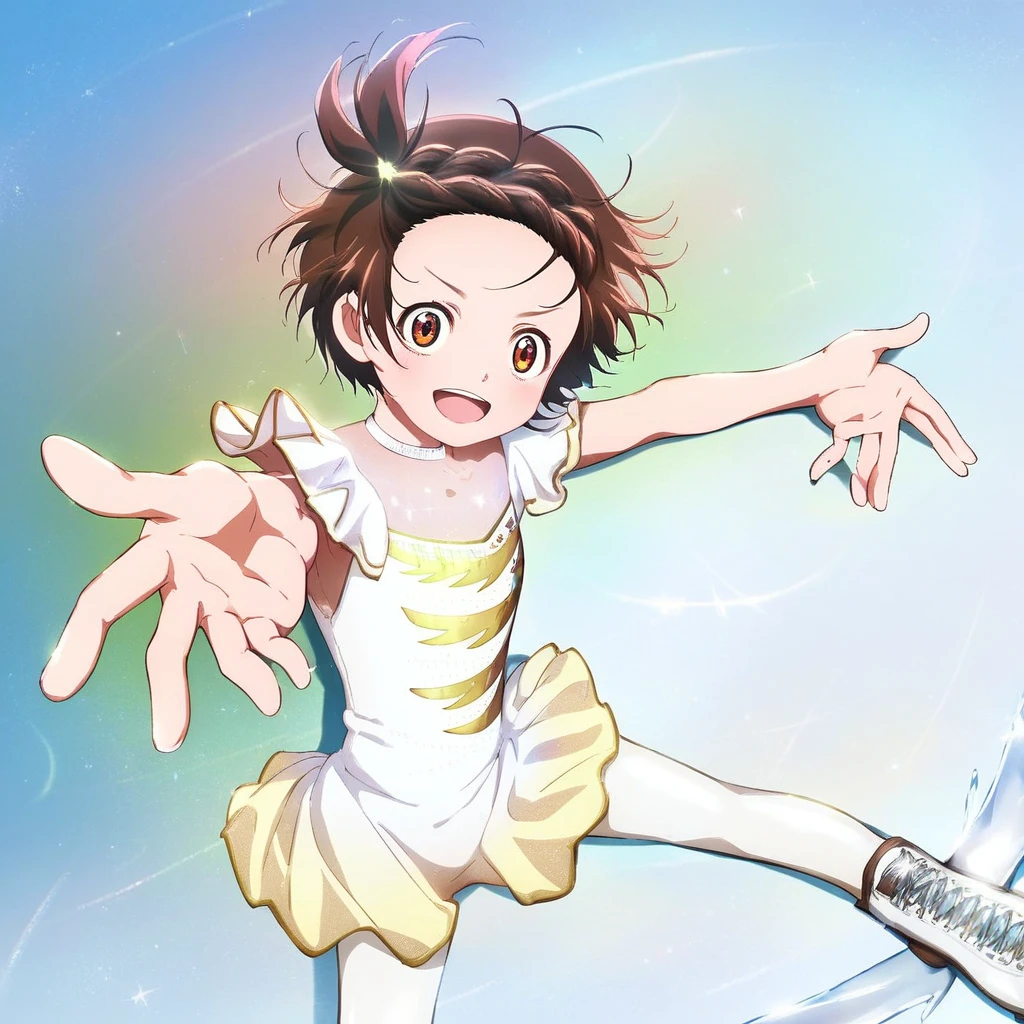 score_9, score_8_up, score_7_up, source_cartoon, prefect lighting, very aesthetic, intricate details, highly detailed background, high quality, perfect hands, best quality, 1girl, solo, yuitsuka inori, medalist, brown hair, one side up, braided bangs, brown eyes, ice skate costume, skating, dancing, ice skating,