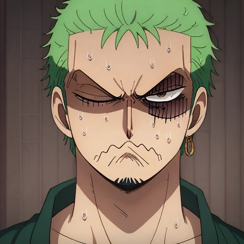 masterpiece, best quality, newest, absurdres, highres, anime, anime style, YorButthurtFaceIL-V1.0 angry, annoyed, expressive, exxagerated exxpresion, frown, shaded face, wavy mouth, sweating profusuely, 1boy, Zoro /(one piece/), green hair, one closed eye, one eye open, scar over eye,