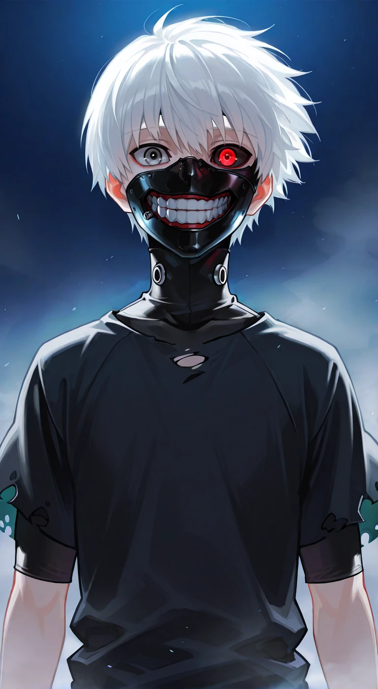 score_9, score_8_up, score_7_up, source_anime, highres, (masterpiece, best quality,cinematic lighting, (anime, anime coloring:1.3),1boy,solo,male focus,kaneki,kaneki ken,white hair,short hair,heterochromia,grey eyes,upper body,black t-shirt,torn clothes,looking at viewer,fog,mist,smile,red eyes,black sclera,mask mouth,teeth