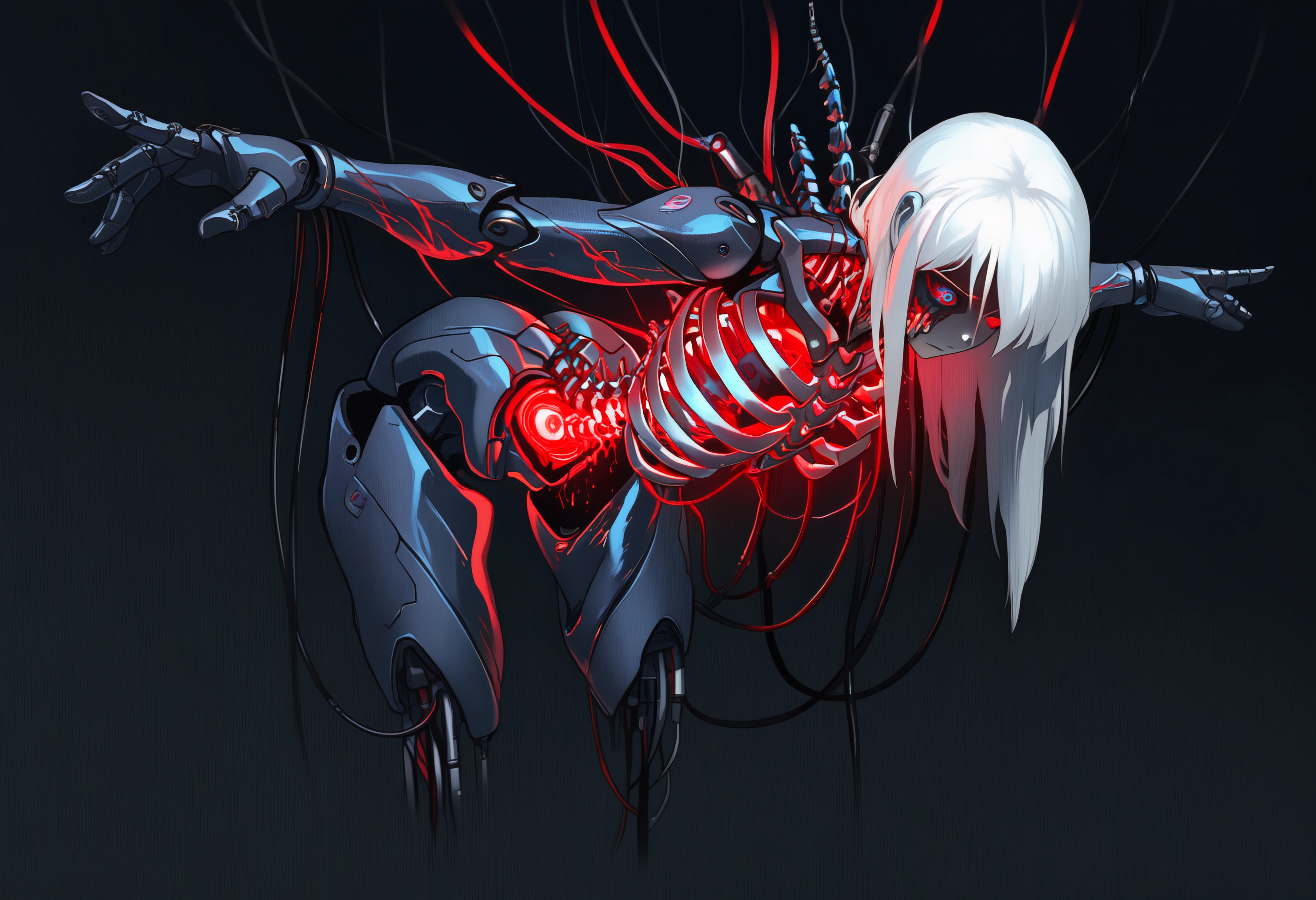 masterpiece, best quality, very aesthetic, dark background,1girl,science fiction,technology,mechanical spine,nude,mechanical limbs,neon details,cables connected to spine,wires,white hair,circuitry,exposed bone,glowing eyes,glowing veins,cyborg,mechanical eye,lit from within,cracked face,ribs,mechanical eye,red eye,dark theme,blue eye,heterochromia,neon,welding,electricity,expressionless,suspended by cables,floating,cropped legs,shaded face,leaning forward,head down,t-pose,from side