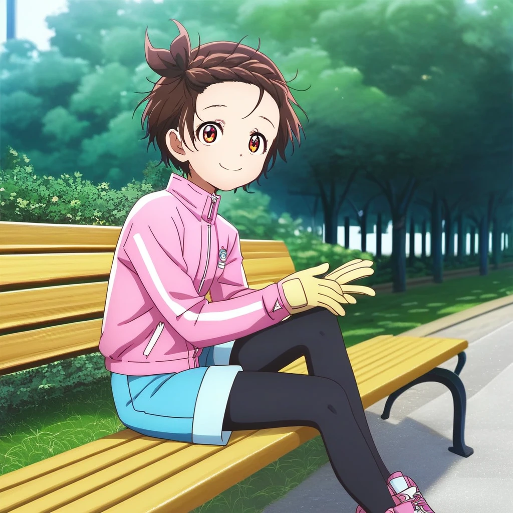 score_9, score_8_up, score_7_up, source_cartoon, prefect lighting, very aesthetic, intricate details, highly detailed background, high quality, perfect hands, best quality, 1girl, solo, yuitsuka inori, medalist, brown hair, one side up, braided bangs, brown eyes, outdoors, park, pink jacket, yellow gloves, blue shorts, black pantythose, pink shoes, sitting on bench, looking at viewer, smile, park, tree, bush, grass,
