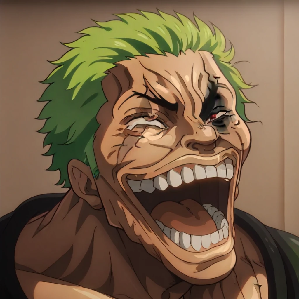 masterpiece, best quality, newest, absurdres, highres,  anime, anime style, YujiroLaughIL-V1.1 smile, teeth, grin, open mouth, laugh, 1boy, Zoro /(one piece/), green hair, one closed eye, one eye open, scar over eye,