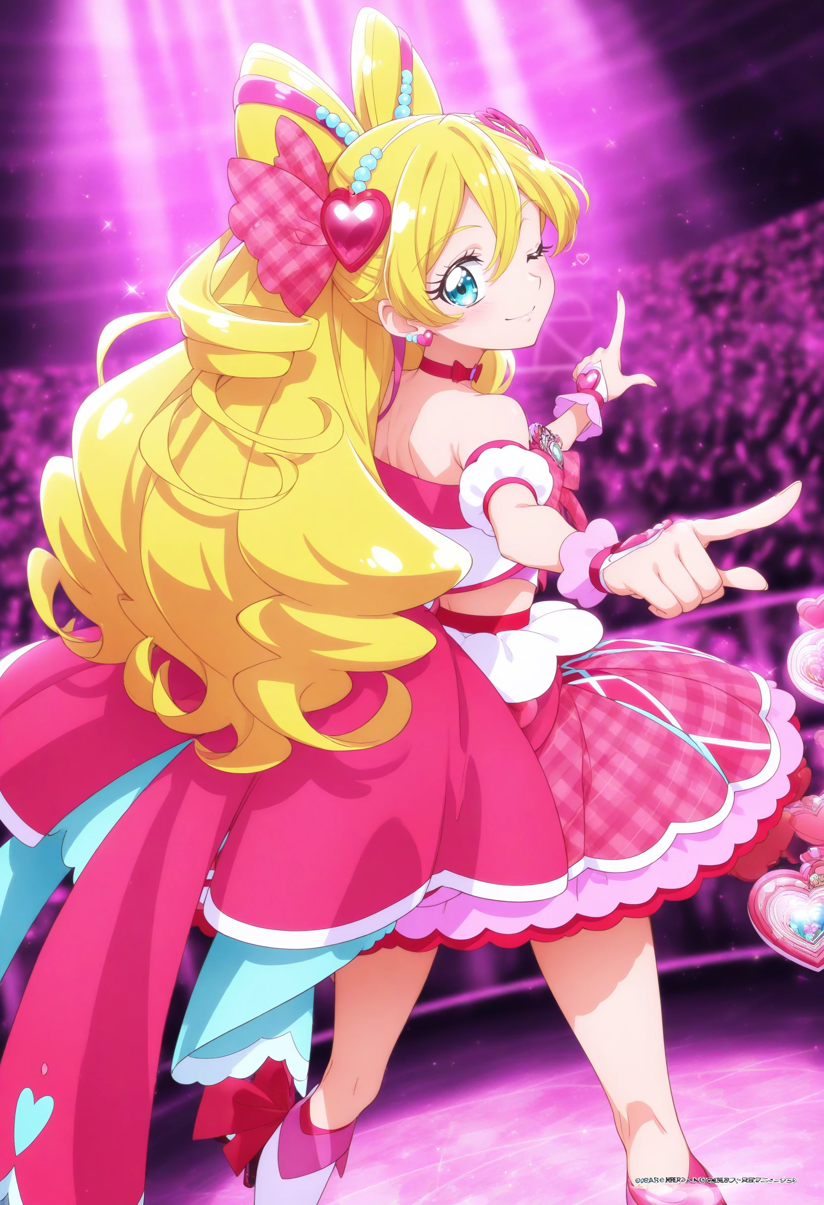 1girl,cure idol,solo,
masterpiece, best quality, newest, absurdres, CG, anime, source anime, illustration,
blonde hair, pink bow, blue eyes, hair bow, jewelry, heart hair ornament, earrings, multicolored hair, twin drills, magical girl, detached sleeves, hair between eyes, plaid skirt, pink choker, bare shoulders, very long hair, <lora:cureidol_Illust_v1:0.8>
one eye closed, pointing at viewer,
from behind, full body, looking at viewer, light smile, club, closed mouth