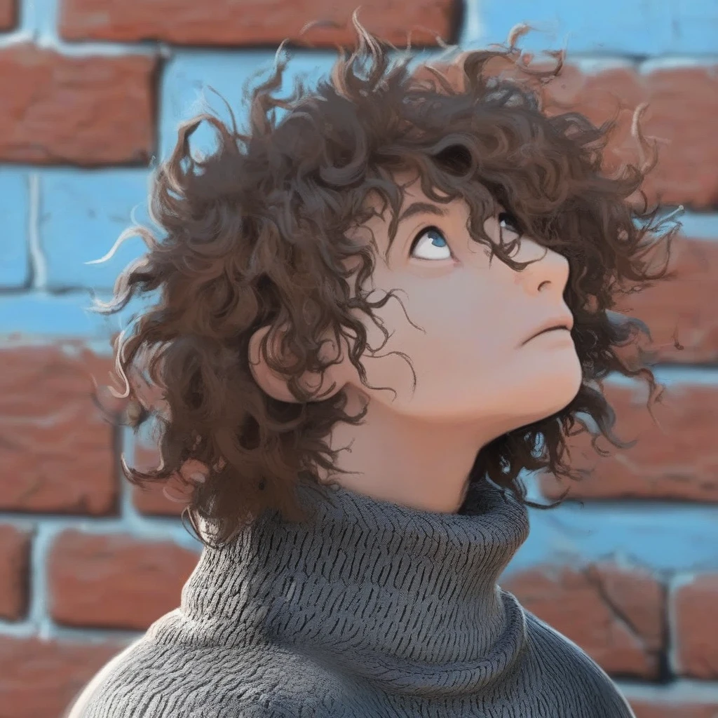 sweater, outdoors, brown hair, white hair, brick wall, necklace, blue background, looking up, messy hair, male focus, short hair, portrait