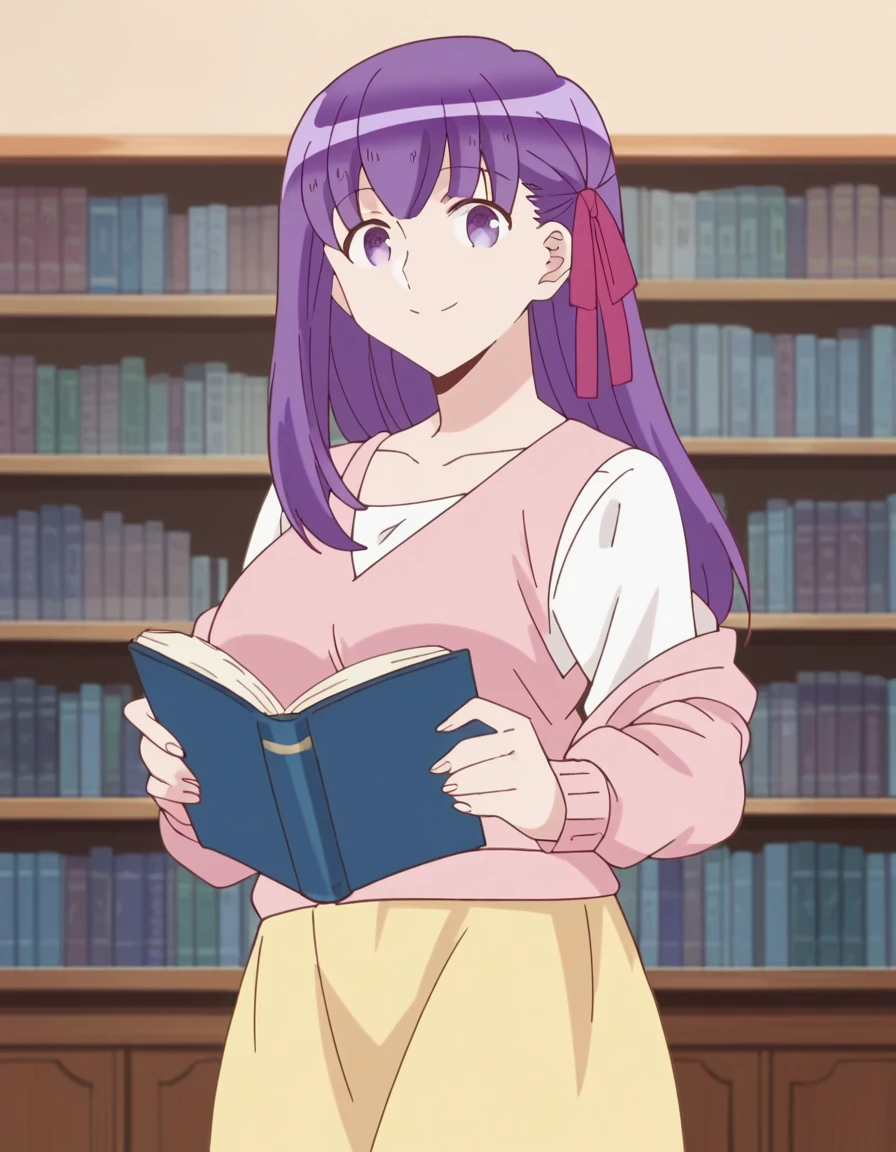 score_9, score_8_up, score_7_up, source_anime, <lora:sakura-matou-emiyachi-ponyxl-lora-nochekaiser:1>, sakura matou, long hair, ribbon, purple eyes, hair ribbon, purple hair, mature female, large breasts, anime screencap, white shirt, cardigan, pink cardigan, skirt, yellow skirt, long skirt, library, books, shelves, reading, quiet, smile, smile, looking at viewer, solo,, cowboy shot, solo