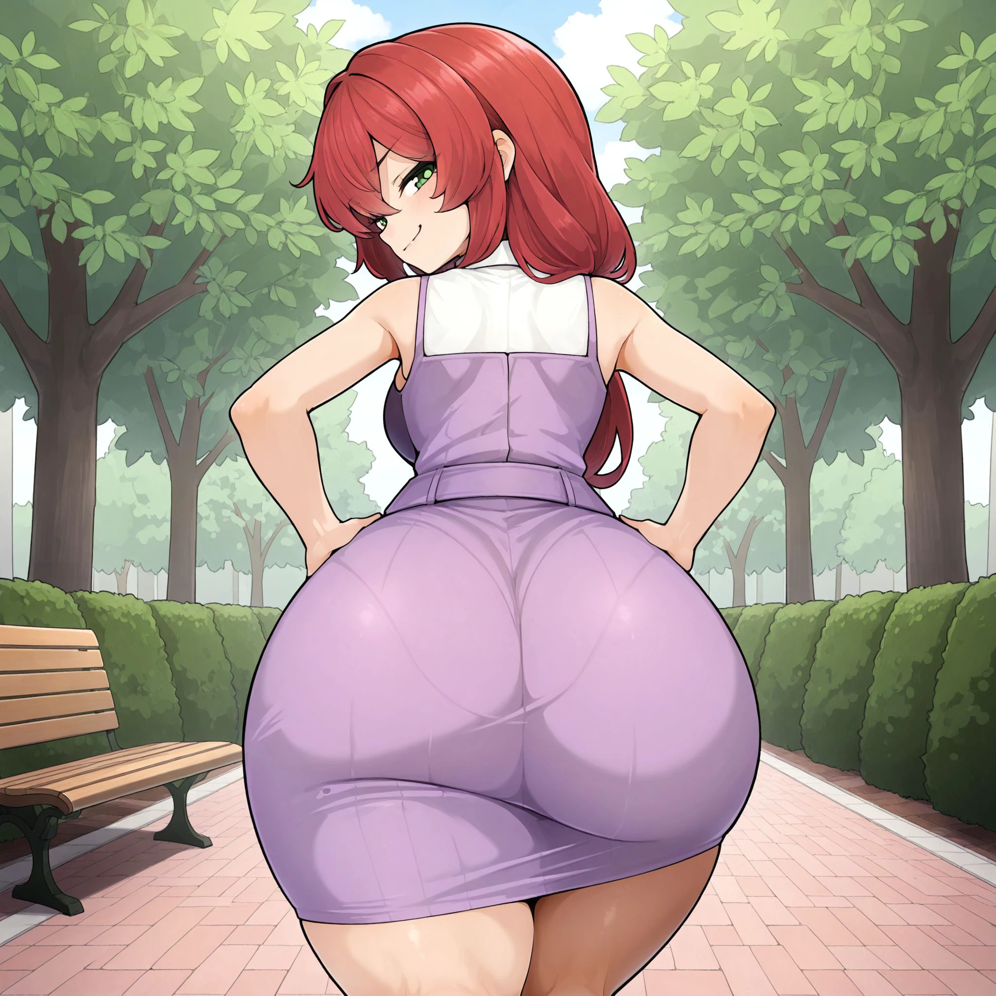 (masterpiece), best quality, (highly detailed), 1female, solo, <lora:490_style illustrious:0.8>, park, purple dress, from behind, huge ass, hands on hips, red hair, long hair, green eyes, smug, looking back,