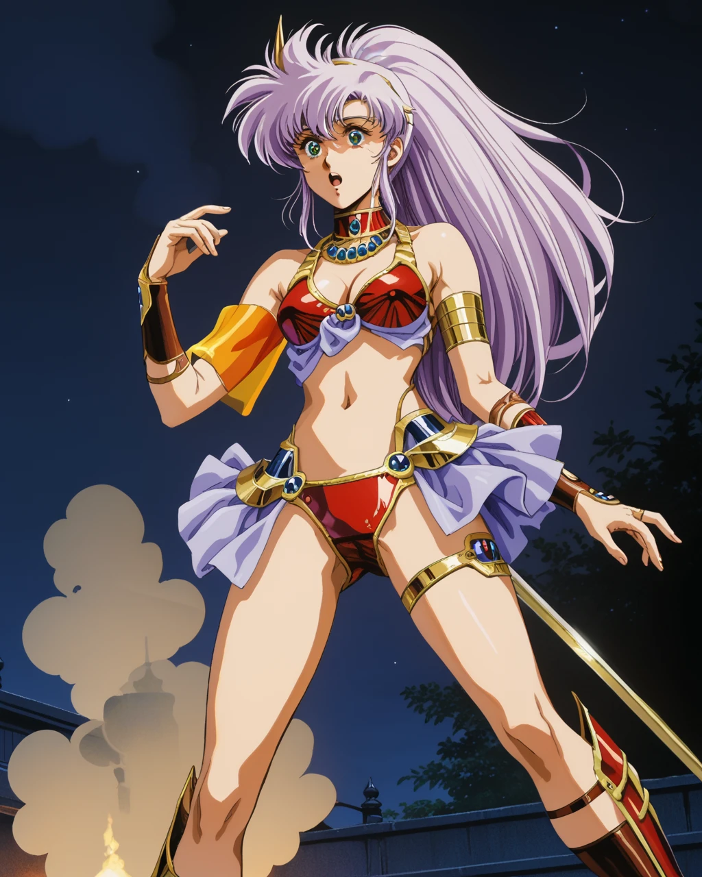 score_9, score_8_up, score_7_up,1girl, solo, lemnear_ba, 1girl, solo, lavender hair, bangs, long hair, ponytail, gold headband with horn, green eyes, red bikini armor top with lavender cloth, red chocker with gold trim, single gold armband, single arm cloth, bracers, red bikini armor bottom, lavender showgirl skirt, midriff, navel, cleavage, single red thigh band, red greaves, red toeless legwear, toes, official art <lora:10_Lemnear_pdxl:1>, standing, legs apart, sword, holding sword, outdoors, night, open mouth