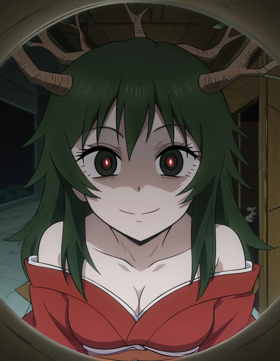 score_9, score_8_up, score_7_up, source_anime, <lora:ooyama-mitsuchihime-s2-ponyxl-lora-nochekaiser:1>, ooyama mitsuchihime, long hair, green hair, horns, antlers, green eyes, red eyes, white pupils, medium breasts, anime screencap, cleavage, bare shoulders, japanese clothes, kimono, off shoulder, sash, obi,, wooden bridge, planks, rustic, crossing, narrow, smile, <lora:pov-peephole-ponyxl-lora-nochekaiser:1> pov peephole, peephole, fisheye, round border, peeking, voyeurism, apartment, yandere, horror (theme), yandere, flourescent lamp,smile, evil smile, blank eyes,, cowboy shot,, looking at viewer, solo,, cowboy shot, solo