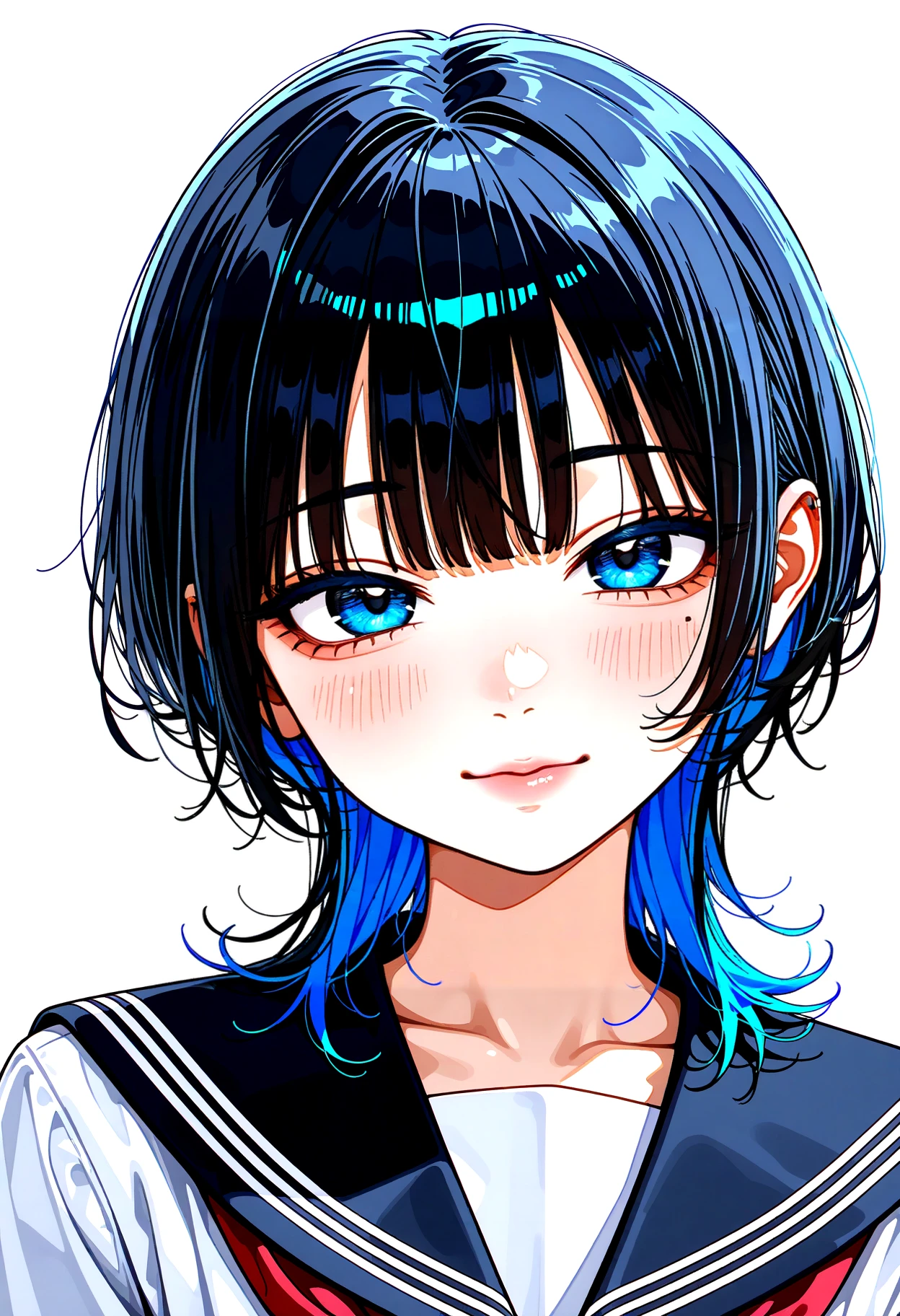 japanese skin toon, (big eyes:0.5), 1girl, school uniform, wolf cut, colored inner hair, blue hair, aegyo sal, mole under eye, narrowed eyes, tareme, icon photo, gradient background, white background,
look front, japanese yami kawaii, cute, anime-realism,
BREAK
<lora:dmd2_sdxl_4step_lora:1>
masterpiece, best quality, very awa, highres, absurdres, very aesthetic, aethetic,Digital illustration, manga art, highly finished,