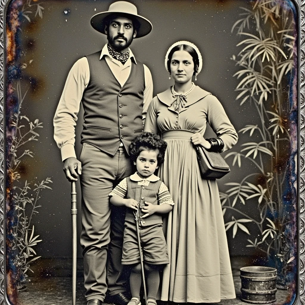 A badly tarnished and heavily weathered Daguerreotype photo of a family of 19th-century explorers standing together in a tropical rainforest. The father, dressed in a white linen shirt, waistcoat, and wide-brimmed hat, holds a sturdy walking stick, while the mother, in a modest Victorian dress with rolled-up sleeves, carries a leather satchel. Between them, two childrenu2014one holding a small journal and the other clutching a compassu2014stand with curious expressions. The dense jungle backdrop of towering palm trees, hanging vines, and lush foliage is blurred and muted, partially obscured by dark patches of oxidation and streaks across the image. The photo is marked by deep scratches, faded sepia tones, and chemical blemishes, with the ornate metallic frame tarnished and corroded, enhancing the sense of age and decay.