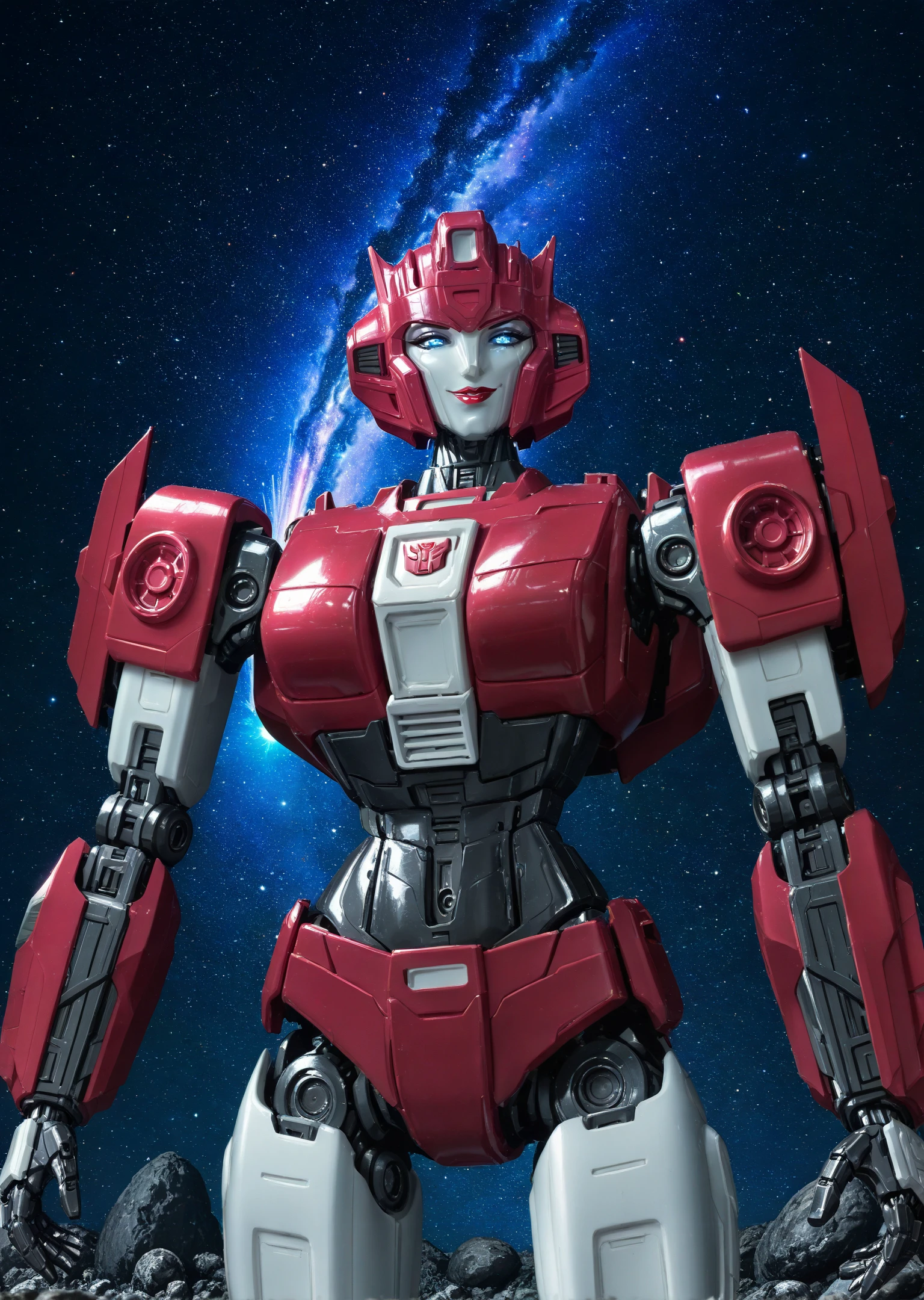full_details,, Elita One, 1girl, female robot, detailed metal face, blue eyes, red lips, smirk, metal breasts, metal stomach, looking at viewer, full-height view, seductive evocative pose, no human, asteroid surface, stars, comet, (2d:1.2), masterpiece retrostyle sci-fi, transformers, anime, digital painting, high quality, (intricate details:1.1), sharp focus<lora:lora\Add_more_details_V2_XLpony.safetensors:0.8:0.8><lora:lora\EnvyScifiStreamlineXL01.safetensors:0.8:0.8><lora:lora\Elita_One_from_Transformers.safetensors:0.8:0.8>