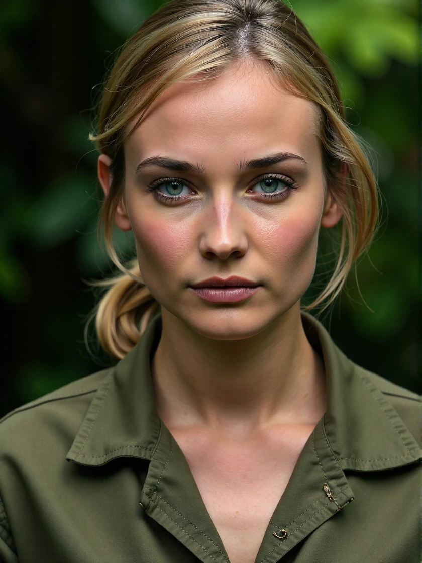 <lora:Diane_Kruger_Ca2002:1> woman, blonde <lora:zz_s_Stylish_Lighting:0.5> <lora:zz_s_Fluxartis:0.5> A highly detailed cinematic photography, extreme close-up, zoomed, focus on face, centered, macro shot, face centered, focus on eyes, looking directly at the viewer, looking directly at the camera, making eye contact, looking straight ahead, modest clothes, modest apparel, chest covered, modesty <lora:zz_s_Chest_Size_Slider:-2>, Platoon, War, Viet Nam, Jungle, Highly Detailed, Face Camouflageâââ