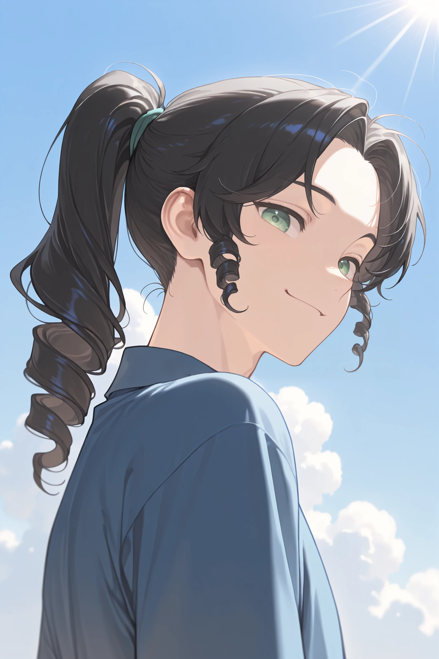 masterpiece, best quality, newest, absurdres, highres, 1boy, solo, bishounen,
<lora:MeiYaoLanIllustriousV1:1> meiyaolan, green eyes, black hair, long hair, twin drills, drill bangs, curly hair, ponytail, forehead,
looking at viewer, smile,
blue shirt, blue sky, sunlight, clouds,