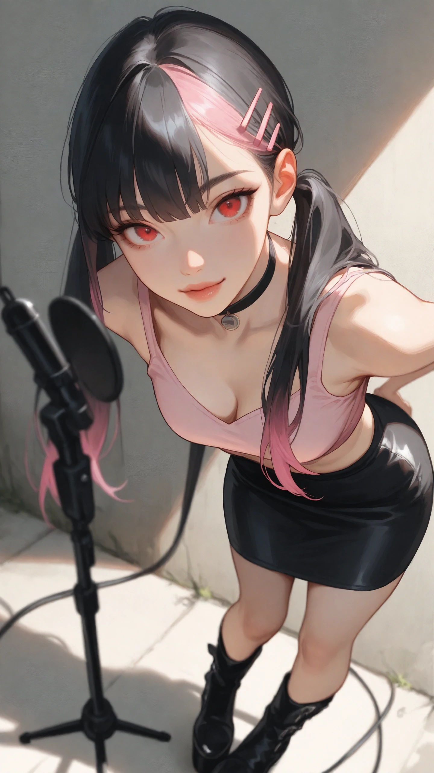 2d, masterpiece,best quality,amazing quality,very aesthetic,absurdres,newest,detailed eyes, A professional,high-quality, portrait of a woman. upper body view, 1girl,milf, long straight hair, black_haired_woman, multicolored hair, pink hairtips, two sideparted low ponytails, red eyes, kpopstar, uwu posing, leaning forward, black choker, crop top, bare midriff, highwaist mini skirt, platform boots, spotlight, microphone, looking at viewer, cheeky bangs. depth of field,focused subject,dynamic angle,dutch view,dynamic motion, cheeky, casual, wall, outdoor. anicomeij art style overlay, anicomeij character design overlay <lora:anicomeij-IL:1>