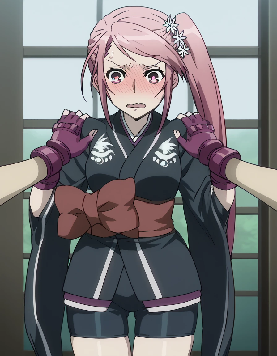 score_9, score_8_up, score_7_up, source_anime, <lora:benitsubasa-s1-ponyxl-lora-nochekaiser:1>, benitsubasa, long hair, hair ornament, pink hair, side ponytail, flower hair ornament, pink eyes, mature female, medium breasts, anime screencap, gloves, japanese clothes, fingerless gloves, kimono, bike shorts, black kimono, short kimono, bowtie,, bus stop, waiting, commuter, smartphone, checking time, cold morning, , <lora:full-face-blush-ponyxl-lora-nochekaiser:1>, full-face blush, embarrassed, blush, sweat, ear blush, blush, wavy mouth, trembling, open mouth, <lora:hands-on-anothers-shoulders-ponyxl-lora-nochekaiser:1>, hands on another's shoulders, pov, pov hands, cowboy shot,, looking at viewer, solo,, cowboy shot, solo