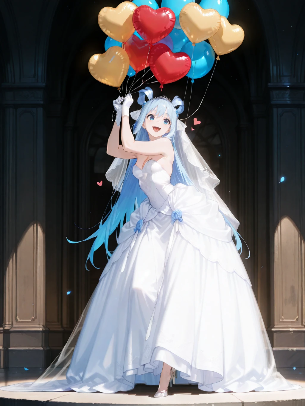 perfect quality,high quality,masterpiece,best quality,amazing quality,very aesthetic,absurdres,Cinematic Lighting,newest,Tactical use of shadow,
AquaCYQL,1girl,solo,long hair,blue hair,very long hair,hair rings,hair ornament,blue eyes,
balloon,dress,heartballoon,highheels,weddingdress,smile,lookingatviewer,doublebun,heart,whitedress,bareshoulders,breasts,dutchangle,strapless,openmouth,straplessdress,standing,longdress,veil,fullbody,bridalveil,
<lora:ponyv5_noobV065S_1_adamW:0.7>,<lora:wl-illV1:0.7>,<lora:zzziGnXLillokrV531:0.5>,<lora:USNR STYLE_XL_loha:0.45>,usnr,<lora:Aqua_Illustrious by Cyql:1>,