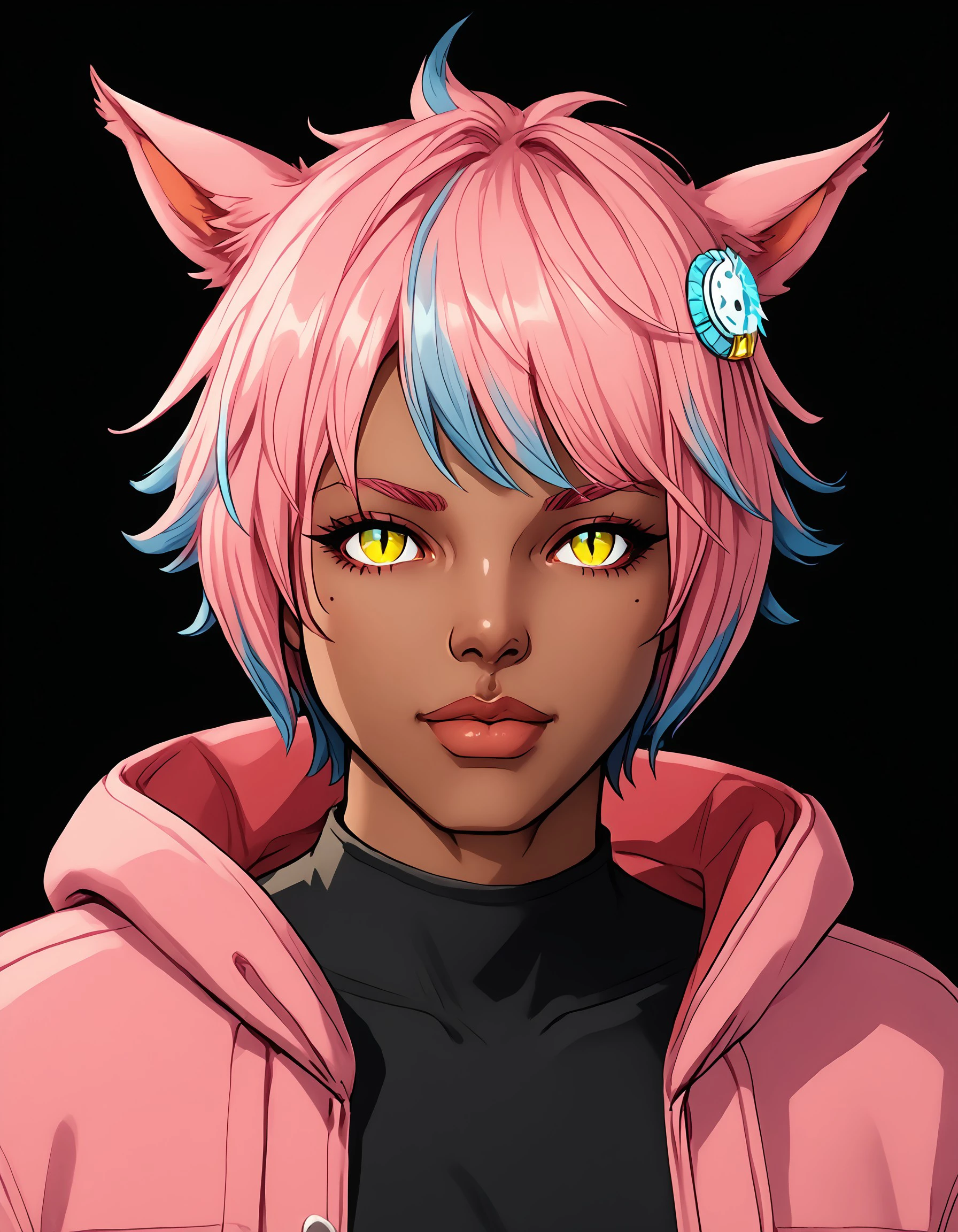 score_9, score_8_up, score_7_up, score_6_up, score_5_up, score_4_up, BL4CKC4TD5K, 1girl, animal ears, miqo'te, pink hair, multicolored hair, dark skin, 1girl, slit pupils, yellow eyes, looking at viewer, blue hair, short hair, cat ears, hair ornament, lips, pants, dark-skinned female, two-tone hair, hood, bangs,, <lora:3b3da377-9f27-4a25-8dd4-94585a8a4fc9:0.7>