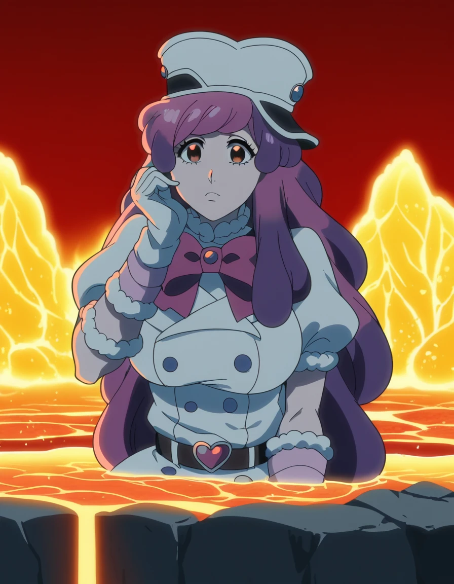 score_9, score_8_up, score_7_up, source_anime, <lora:s-mcallon-tybw-ponyxl-lora-nochekaiser:1>, meninalon, long hair, pink hair, red eyes, large breasts, anime screencap, gloves, hat, bow, heart, belt, white gloves, fur trim, white uniform, puffy sleeves,, volcano, lava, rock, fire, smoke, , sitting, elbow rest, table,, looking at viewer, solo,, cowboy shot, solo